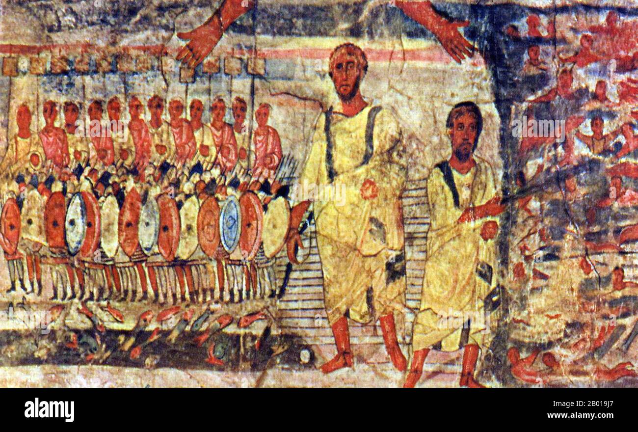 Syrien: Moses und der Exodus. Die Juden überqueren das Rote Meer, das von den Kräften des Pharao verfolgt wird. Fresko von Dura Europos Synagoge, c. 250 CE. Die Dura Europos Synagoge ist eine alte Synagoge, die 1932 in Dura-Europos, Syrien, entdeckt wurde. Die letzte Bauphase wurde durch eine aramäische Inschrift auf 244 u.Z. datiert, was sie zu einer der ältesten Synagogen der Welt macht. Es ist einzigartig unter den vielen alten Synagogen, die aus archäologischen Ausgrabungen entstanden sind, da es praktisch intakt erhalten wurde, und es verfügt über umfangreiche figurative Wandmalereien. Stockfoto