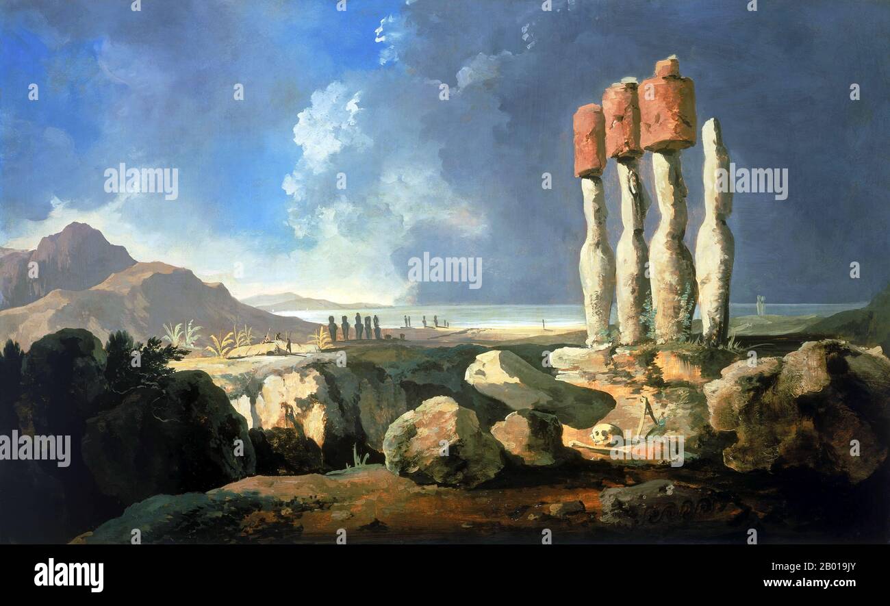 Chile: 'Ein Blick auf die Denkmäler der Osterinsel, Rapanui'. Öl auf Tafelmalerei von William Hodges (28. Oktober 1744 – 6. März 1797), c. 1774-1777. William Hodges war ein englischer Maler. Er war Mitglied von James Cooks zweiter Reise in den Pazifischen Ozean und ist vor allem für die Skizzen und Gemälde von Orten bekannt, die er auf dieser Reise besuchte, darunter die Tafelbucht, Tahiti, die Osterinsel und die Antarktis. Hodges begleitete Cook 1772-1775 als Künstler der Expedition in den Pazifik. Viele seiner Skizzen und Wash Paintings wurden als Stiche in der veröffentlichten Ausgabe von Cooks Zeitschriften adaptiert. Stockfoto
