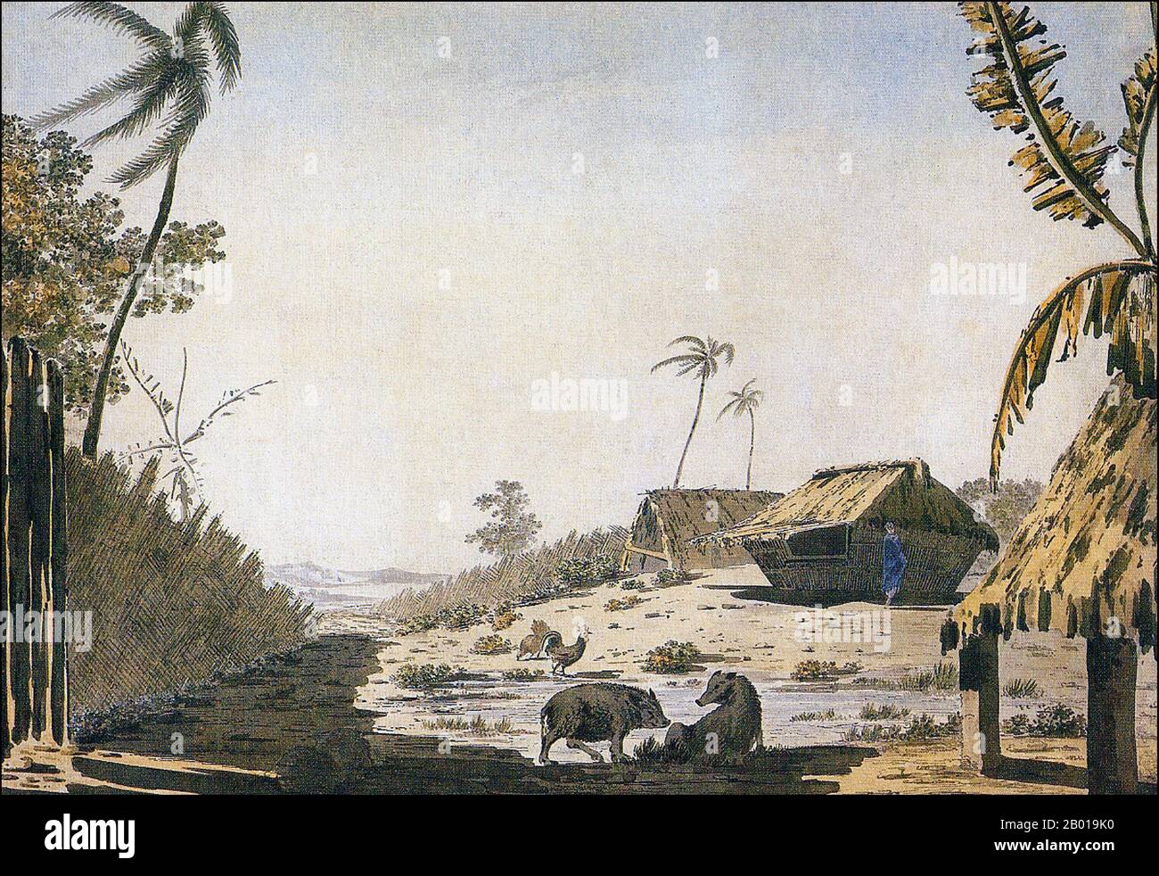 Tonga: 'Tongatabu oder Amsterdam Island'. Öl auf Leinwand Gemälde von William Hodges (28. Oktober 1744 - 6. März 1797), c. 1774. William Hodges war ein englischer Maler. Er war Mitglied von James Cooks zweiter Reise in den Pazifischen Ozean und ist vor allem für die Skizzen und Gemälde von Orten bekannt, die er auf dieser Reise besuchte, darunter die Tafelbucht, Tahiti, die Osterinsel und die Antarktis. Hodges begleitete Cook 1772-1775 als Künstler der Expedition in den Pazifik. Viele seiner Skizzen und Wash-Paintings wurden als Gravuren in der ursprünglich veröffentlichten Ausgabe von Cooks Journalen aus der Reise adaptiert. Stockfoto