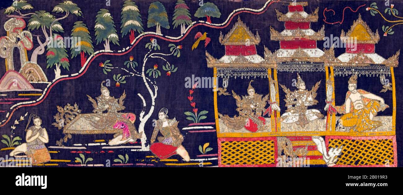Birma/Myanmar: Eine Szene aus der Yama Zatdaw (die burmesische Version des Ramayana). Baumwolle, Wolle, Seide und Pailletten Textil, c.. 1850-1900. Yama Zatdaw, inoffiziell Myanmars nationales Epos, ist die burmesische Version des Ramayana. Es gibt neun bekannte Stücke der Yama Zatdaw in Myanmar. Der burmesische Name für die Geschichte selbst ist Yamayana, während Zatdaw sich auf das gespielte Theaterstück bezieht oder Teil der jataka-Geschichten des Theravada-Buddhismus ist. Die Yama Zatdaw wurde durch mündliche Überlieferung während der Herrschaft von König Anawratha (1014-1077 u.Z.) eingeführt. Stockfoto