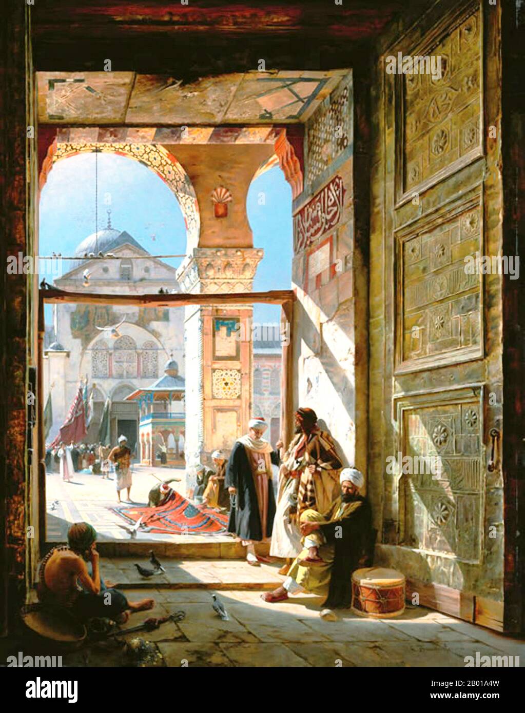 Syrien: „Das Tor der Großen Umayyaden-Moschee, Damaskus“. Öl auf Leinwand von Gustav Bauernfeind (4. September 1848 - 24. Dezember 1904), 1890. Gustav Bauernfeind war ein deutscher Maler und Architekt teils jüdischer Herkunft, bekannt für seine orientalistischen Kunstwerke. Zunächst arbeitete er in einem Stuttgarter Architekturbüro, bevor er das Malen lernte. Eine Reise in die Levante von 1880 bis 1882 beflügte sein Interesse am Orient, was zu mehreren Reisen in den Nahen Osten führte. 1898 zog er schließlich mit seiner Familie nach Jerusalem und lebte auch im Libanon und in Syrien. Stockfoto