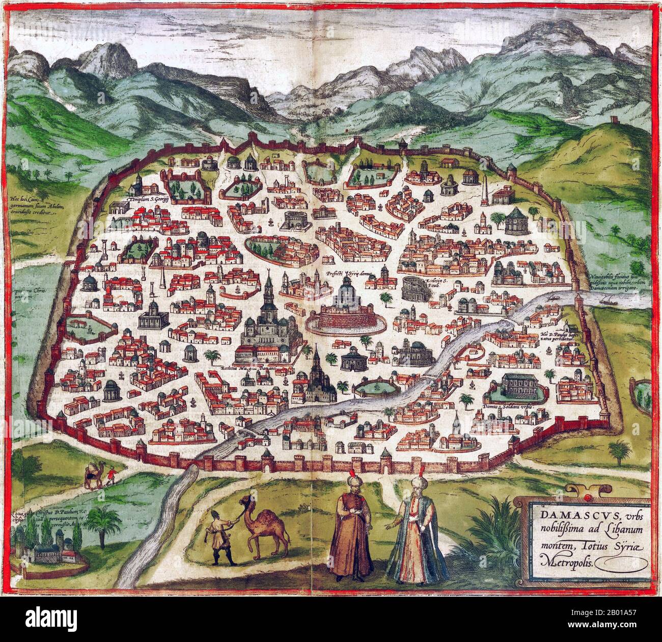 Syrien: Karte des mittelalterlichen Damaskus, von Georg Braun (1541. - 10. März 1622) und Frans Hogenburg (1535-1590), 1588. Georg Braun war ein deutscher Topo-Geograph. Von 1572 bis 1617 hat er das Civitates orbis terrarum herausgegeben, das 546 Perspektiven, Vogelansichten und Stadtkarten aus der ganzen Welt enthält. Das sechsbändige Werk wurde von Sebastian Münsters Cosmographia inspiriert. Die Braun-Publikation setzte seit über 100 Jahren neue Maßstäbe in der Kartographie. Frans Hogenberg schuf die Tabellen für die Bände I bis IV, und Simon van den Neuwel schuf die Tabellen für die Bände V und VI. Stockfoto