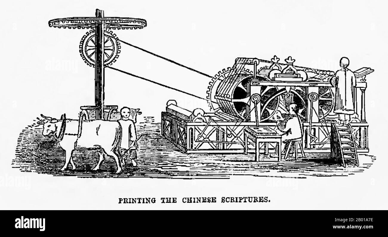 China: "Druck der chinesischen Schriften" - die erste chinesische Übersetzung der Bibel - mit Viehmacht. Radierung von Cecilia Lucy Brightwell (1811-1875), c. 1874. 1840 arbeitete eine Gruppe von vier Personen (Walter Henry Medhurst, Charles Gutzlaff, Elijah Coleman Bridgman und John Robert Morrison) zusammen, um die Bibel ins Chinesische zu übersetzen. Die Übersetzung des hebräischen Teils wurde vor allem von Gutzlaff, mit der Ausnahme, dass der Pentateuch und das Buch Joshua wurden von der Gruppe zusammen. Diese Übersetzung, die 1847 fertig gestellt wurde, ist aufgrund ihrer Annahme durch die Bewegung Taipingtianguo bekannt. Stockfoto