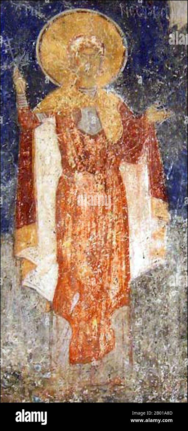 Mazedonien: Nestor von Thessaloniki, Begleiter des heiligen Demetrius von Thessaloniki (270-306 u.Z.). Wandgemälde in der Kirche des heiligen Demetrius, Marko-Kloster, Skopje, 14.. Jahrhundert. Nestor von Thessaloniki war von den Aktionen von Lyeios, einem furchteinflößenden Gladiator, der Christen in der Arena verspottete und quälte, bewegt, um den inhaftierten heiligen Demetrius zu sehen und um seinen Segen zu bitten, den Gladiator zu bekämpfen. Demetrius gab seinen Segen, und auch mit seinem Glauben an Gott betrat Nestor die Arena und schlug Lyeios nieder. Der Tod des Gladiators verärgerte Kaiser Maximian, der Nestors Tod durch seine eigene Klinge anordnete. Stockfoto