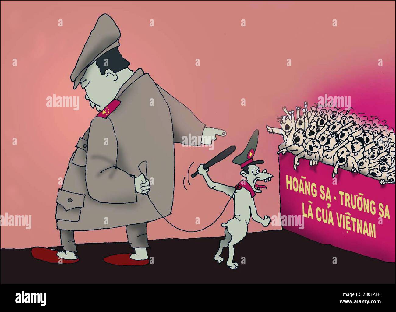 Vietnam: Karikatur zeigt, wie Mao Zedong einen Polizeiangriffshund auf Vietnamesen setzt und behauptet: „Die Paracels und die Spratlys gehören zu Vietnam“. Der Spratlys-Archipel im Südchinesischen Meer (von Vietnam das Ostmeer genannt) wird in verschiedenen Graden von China, Taiwan, Vietnam, den Philippinen, Malaysia und Brunei bestritten. Die Paracels-Inseln sind zwischen China und Vietnam umstritten, werden aber seit 1974 vollständig von China kontrolliert. Die chinesische Behauptung ist die umfangreichste und wird im Allgemeinen durch eine von den Chinesen als „neun gepunktete Linie“ (nánhǎi jiǔduàn xiàn) bezeichnete fiktive Grenze gekennzeichnet. Stockfoto