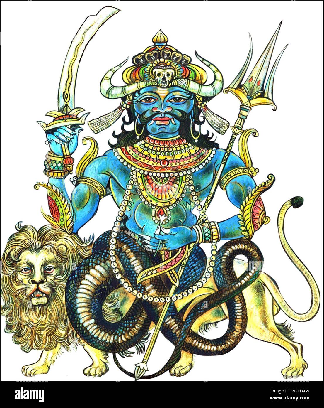 Indien: Eine indische Darstellung von Rahu, Schlangendämon und Verursacher von Sonnen- und Mondfinsternissen. In der hinduistischen Mythologie ist Rahu eine Schlange, die die Sonne oder den Mond verschlingt und Finsternisse verursacht. Er wird in der Kunst als ein Drache dargestellt, der ohne Körper auf einem von acht schwarzen Pferden gezogenen Wagen reitet. Rahu ist einer der Navagrahas (neun Planeten) in der vedischen Astrologie. Die Rahu Kala (Tageszeit unter dem Einfluss von Rahu) gilt als ungünstig. Stockfoto