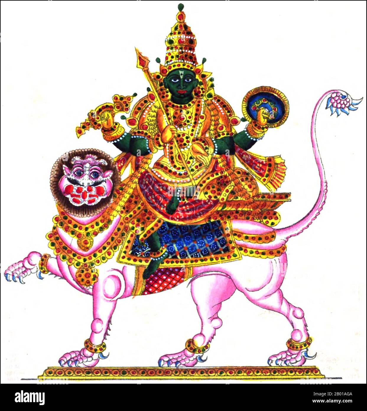 Indien: Eine indische Darstellung von Rahu, Schlangendämon und Verursacher von Sonnen- und Mondfinsternissen, 1842. In der hinduistischen Mythologie ist Rahu eine Schlange, die die Sonne oder den Mond verschlingt und Finsternisse verursacht. Er wird in der Kunst als ein Drache dargestellt, der ohne Körper auf einem von acht schwarzen Pferden gezogenen Wagen reitet. Rahu ist einer der Navagrahas (neun Planeten) in der vedischen Astrologie. Die Rahu Kala (Tageszeit unter dem Einfluss von Rahu) gilt als ungünstig. Stockfoto