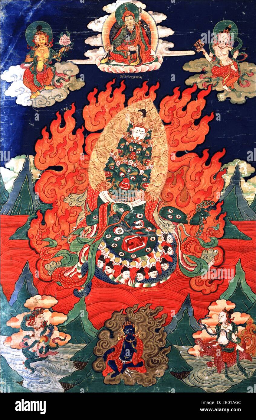 China/Tibet: Eine tibetische Darstellung von Rahu, Schlangendämon und Verursacher von Sonnen- und Mondfinsternissen. In der hinduistischen Mythologie ist Rahu eine Schlange, die die Sonne oder den Mond verschlingt und Finsternisse verursacht. Er wird in der Kunst als ein Drache dargestellt, der ohne Körper auf einem von acht schwarzen Pferden gezogenen Wagen reitet. Rahu ist einer der Navagrahas (neun Planeten) in der vedischen Astrologie. Die Rahu Kala (Tageszeit unter dem Einfluss von Rahu) gilt als ungünstig. Stockfoto