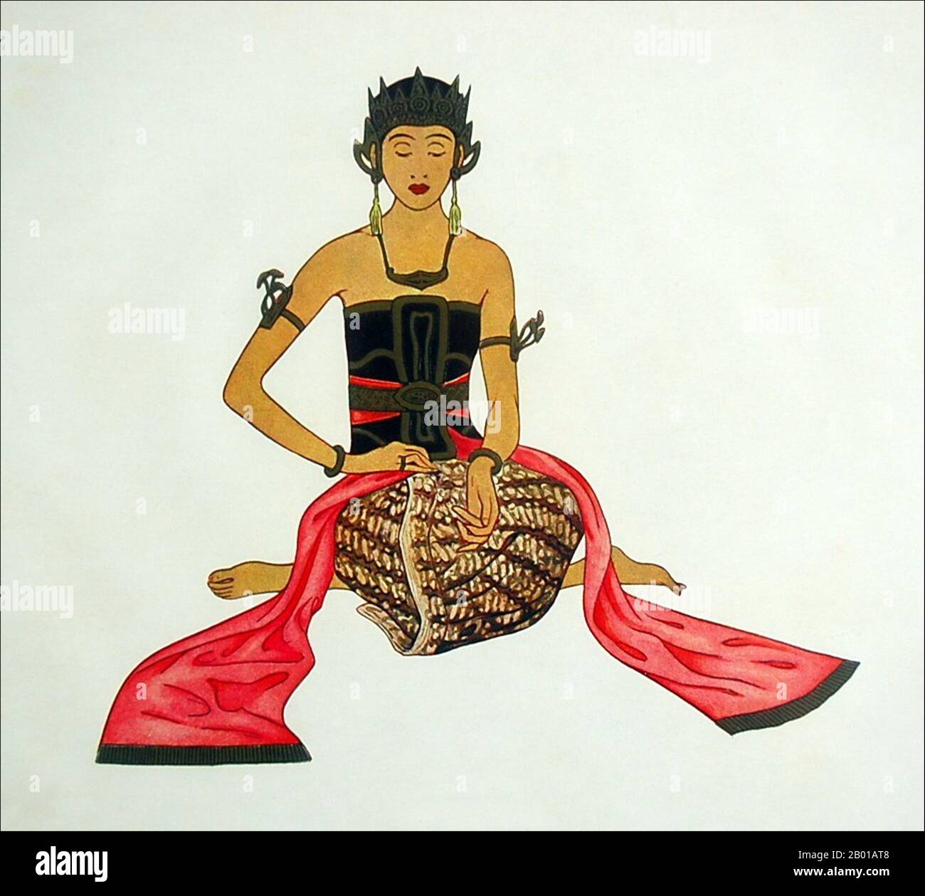 Indonesien: Javanische klassische Tänzerin. Aquarell mit Gouache-Gemälde von Tyra Kleen (29. Juni 1874 - 17. September 1951), 1920. Javanesischer Tanz ist der Tanz und die Kunstformen, die von der javanesischen Kultur geschaffen und beeinflusst wurden. Javanesischer Tanz wird in der Regel mit der höfischen, raffinierten und anspruchsvollen Kultur der javanesischen Kratons, wie dem Bedhaya- und Srimpi-Tanz, in Verbindung gebracht. Im weiteren Sinne umfasst der javanesische Tanz jedoch auch die Tänze javanesischer Bürger und Dorfbewohner wie Ronggeng, Tayub, Reog und Kuda Lumping. Stockfoto