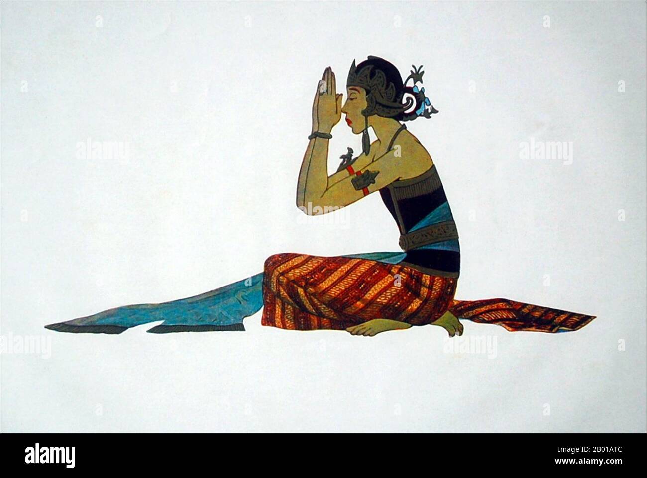Indonesien: Javanische klassische Tänzerin. Aquarell mit Gouache-Gemälde von Tyra Kleen (29. Juni 1874 - 17. September 1951), 1920. Javanesischer Tanz ist der Tanz und die Kunstformen, die von der javanesischen Kultur geschaffen und beeinflusst wurden. Javanesischer Tanz wird in der Regel mit der höfischen, raffinierten und anspruchsvollen Kultur der javanesischen Kratons, wie dem Bedhaya- und Srimpi-Tanz, in Verbindung gebracht. Im weiteren Sinne umfasst der javanesische Tanz jedoch auch die Tänze javanesischer Bürger und Dorfbewohner wie Ronggeng, Tayub, Reog und Kuda Lumping. Stockfoto