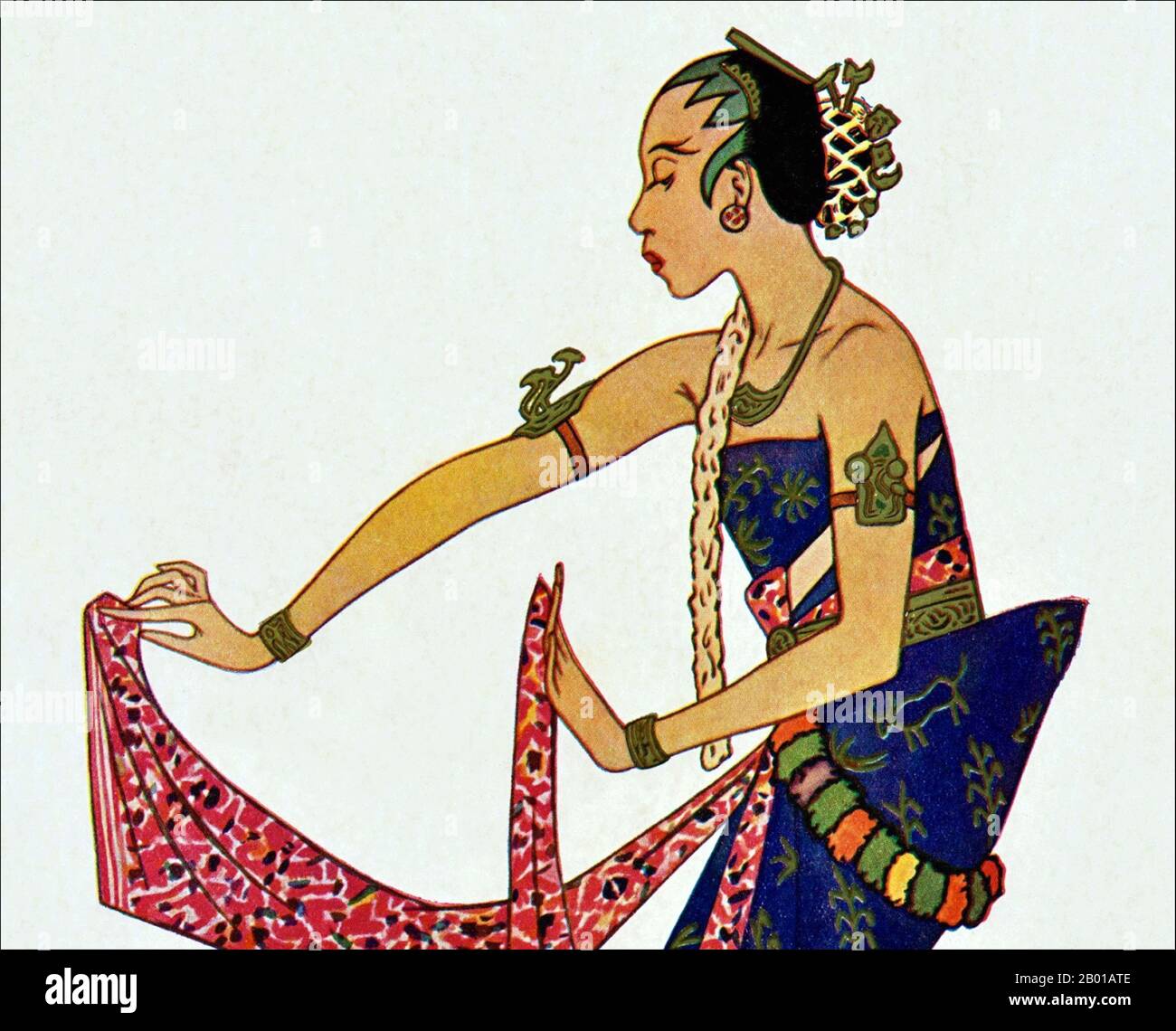 Indonesien: Javanische klassische Tänzerin. Aquarell mit Gouache-Gemälde von Tyra Kleen (29. Juni 1874 - 17. September 1951), 1920. Javanesischer Tanz ist der Tanz und die Kunstformen, die von der javanesischen Kultur geschaffen und beeinflusst wurden. Javanesischer Tanz wird in der Regel mit der höfischen, raffinierten und anspruchsvollen Kultur der javanesischen Kratons, wie dem Bedhaya- und Srimpi-Tanz, in Verbindung gebracht. Im weiteren Sinne umfasst der javanesische Tanz jedoch auch die Tänze javanesischer Bürger und Dorfbewohner wie Ronggeng, Tayub, Reog und Kuda Lumping. Stockfoto