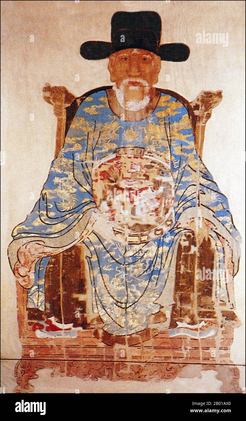 Vietnam: Nguyen Trai (1380-1442), Dichter, Patriot und Berater von Kaiser Le Loi (reg.1428-1433), Malerei des 16.. Jahrhunderts. Nguyễn Trãi, auch bekannt unter seinem Pseudonym Ức Trai, war ein illustrer vietnamesischer konfuzianischer Gelehrter, ein bekannter Dichter, ein erfahrener Politiker und ein Meistertaktiker. Ihm wurde zuweilen in seiner Eigenschaft als enger Freund und Hauptberater von Lê Lợi, Vietnams Heldenkönig, der für die Befreiung des Landes von der chinesischen Herrschaft kämpfte, fast wundersame oder mythische Taten zugeschrieben. Stockfoto