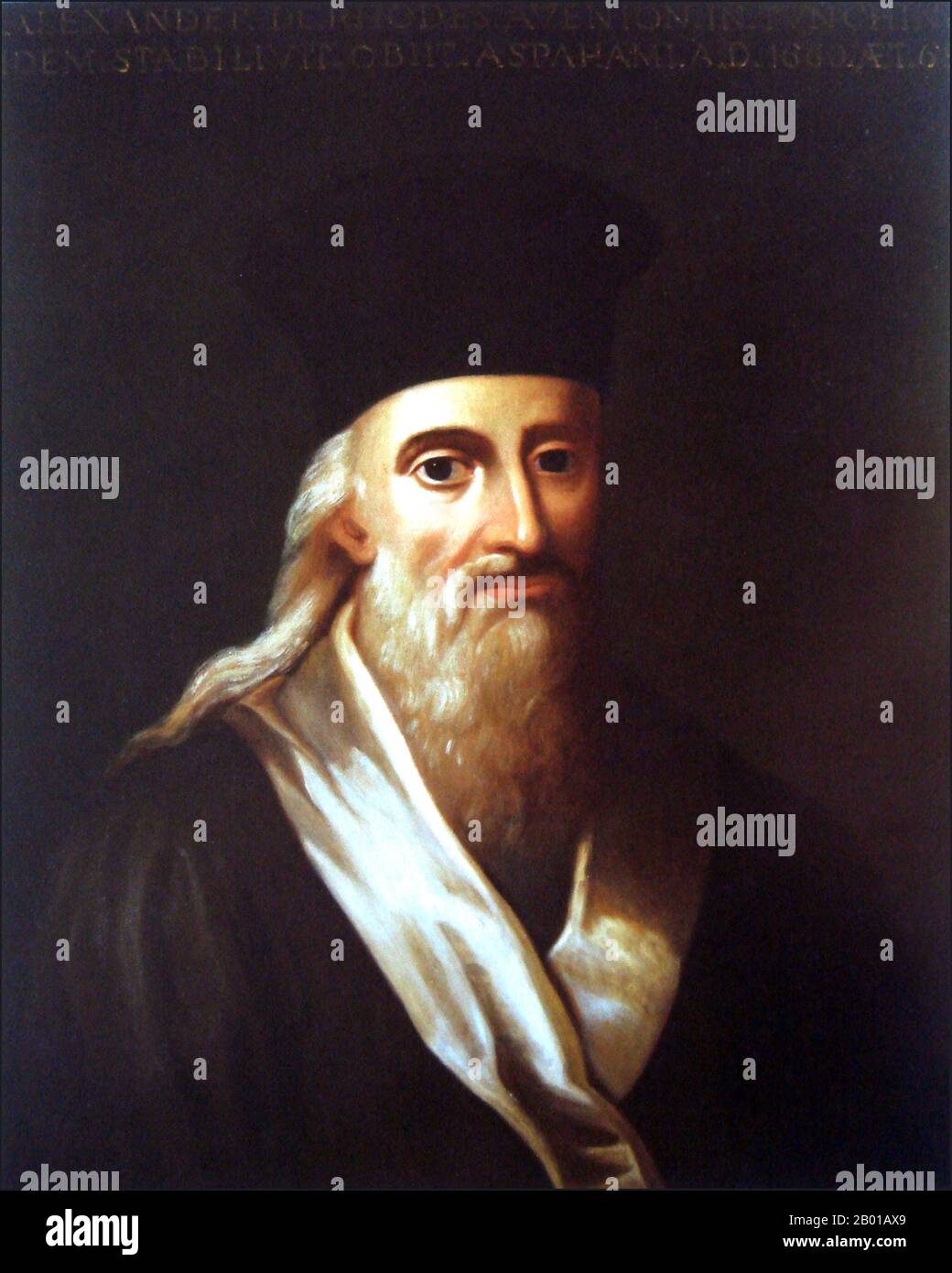 Vietnam/Frankreich: Alexandre de Rhodes (15. März 1593 - 5. November 1660), Jesuitenmissionar und Lexikograph. Öl auf Leinwand Malerei, Ende 17. Jahrhundert. Alexander de Rhodes wurde in Avignon, Frankreich, geboren. 1612 trat er in das Noviziat der Gesellschaft Jesu in Rom ein, um sein Leben der Missionsarbeit zu widmen. Er kam etwa 1619 in Indochina an. 1615 wurde in Hanoi eine Jesuitenmission gegründet, 1620 kam Rhodos dort an. Während der Herrschaft von Trịnh Tùng und Trịnh Tráng verbrachte er zehn Jahre in und um das Gericht in Hanoi. Während er in Vietnam war, schrieb er den ersten vietnamesischen Katechismus. Stockfoto