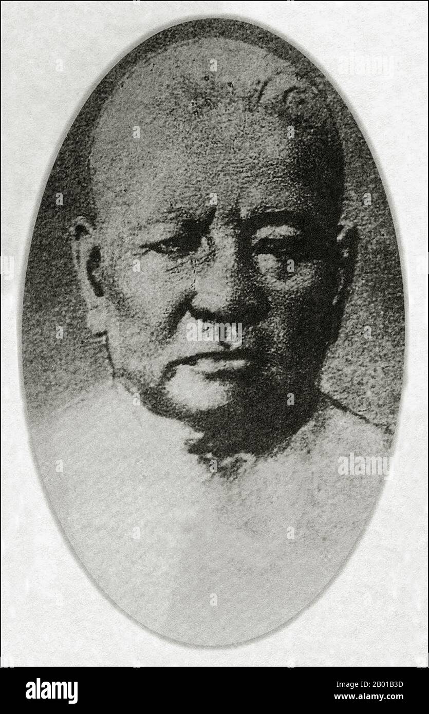 Thailand: Prayurawongse oder Dis Bunnag (1788. - 26. April 1855). Zeichnung, c. 1861. Somdet Chao Phraya Borom Maha Prayurawongse oder Dis Bunnag war eine prominente politische Figur in Siam während der Mitte des 19.. Jahrhunderts. Er fungierte als Regent für König Mongkut (Rama IV) im gesamten Königreich. Er führte siamesische Flotten in den siamesisch-vietnamesischen Kriegen an und wurde Somdet Chao Phraya - der höchste Titel, den der Adel mit der gleichen Ehre wie der Königsfamilie erreichen konnte. DIS betrat den Palast als königliche Seite - die traditionelle Art, in die siamesische Bürokratie einzutreten. DIS stieg rasch durch die Reihen und wurde Minister von Krom Tha. Stockfoto