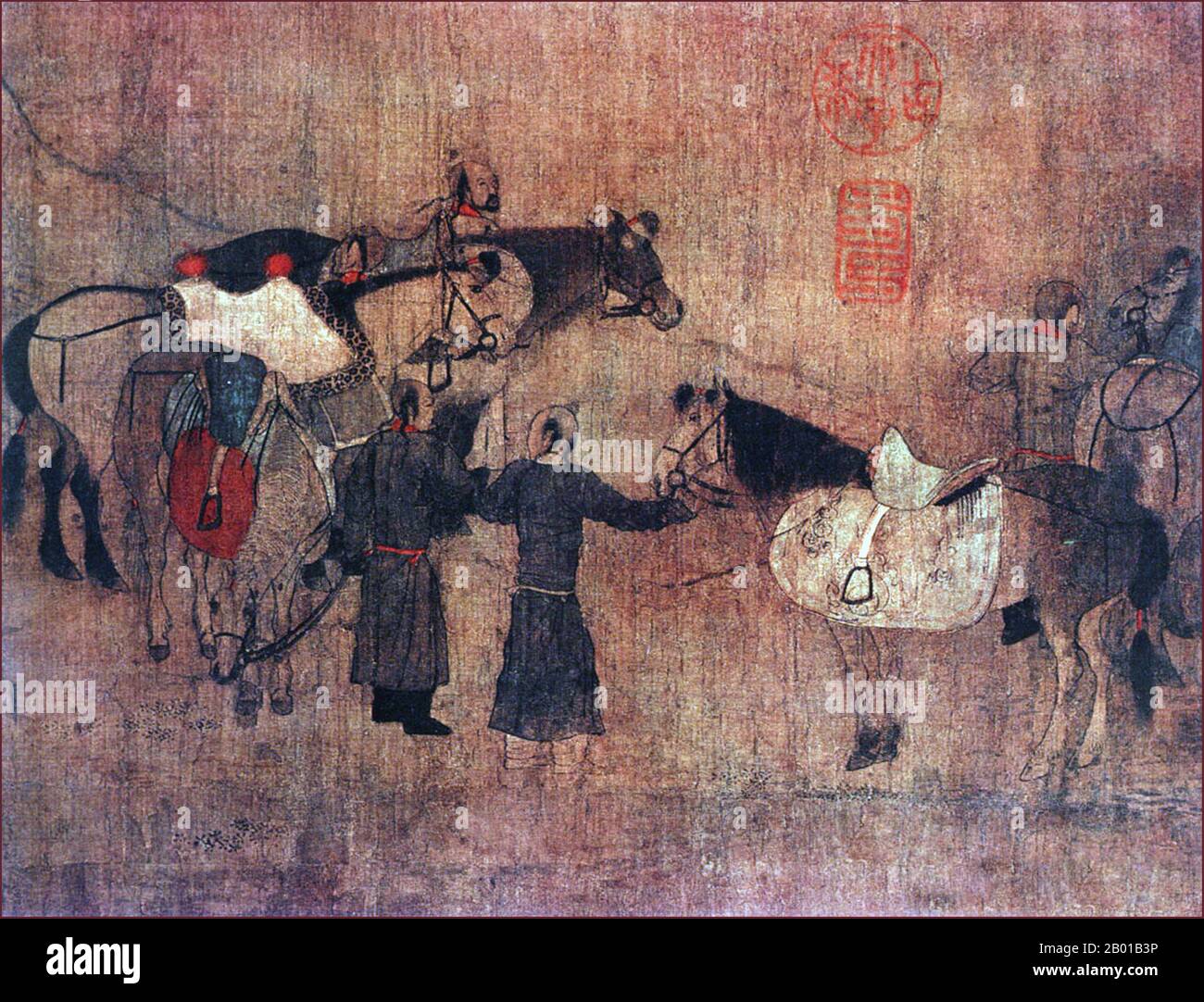 China: "Ein Rastpunkt für den Khitan Khan" (linkes Panel). Detail des Handscroll-Gemäldes von Hu Rang (fl. 10. Jahrhundert), fünf Dynastien und zehn Königreiche, (907-960), 10. Jahrhundert. Das Volk der Khitan (oder Khitai, Kitan oder Kidan) war ein nomadisches mongolisches Volk, das ursprünglich aus dem 4.. Jahrhundert in der Mongolei und der Mandschurei (der nordöstlichen Region des heutigen China) ansässig war. Sie beherrschten im 10.. Jahrhundert unter der Liao-Dynastie ein riesiges Gebiet in Nordchina, hinterließen aber nur wenige Relikte, die bis heute überlebt haben. Stockfoto