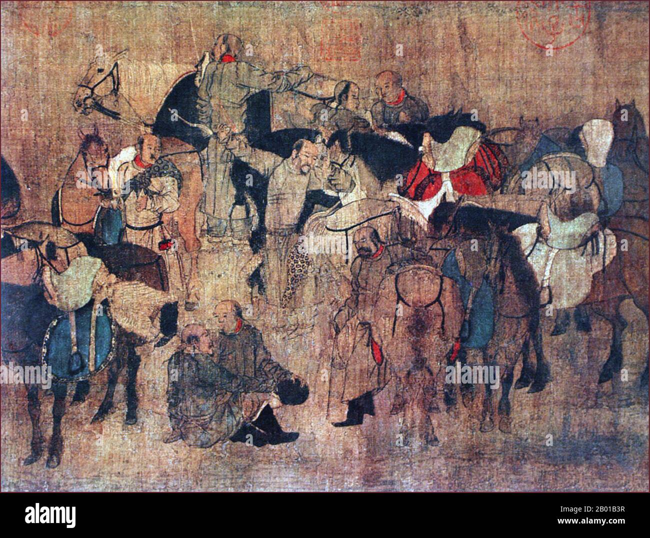 China: "Ein Rastpunkt für den Khitan Khan" (rechtes Panel). Detail des Handscroll-Gemäldes von Hu Rang (fl. 10. Jahrhundert), fünf Dynastien und zehn Königreiche, (907-960), 10. Jahrhundert. Das Volk der Khitan (oder Khitai, Kitan oder Kidan) war ein nomadisches mongolisches Volk, das ursprünglich aus dem 4.. Jahrhundert in der Mongolei und der Mandschurei (der nordöstlichen Region des heutigen China) ansässig war. Sie beherrschten im 10.. Jahrhundert unter der Liao-Dynastie ein riesiges Gebiet in Nordchina, hinterließen aber nur wenige Relikte, die bis heute überlebt haben. Stockfoto