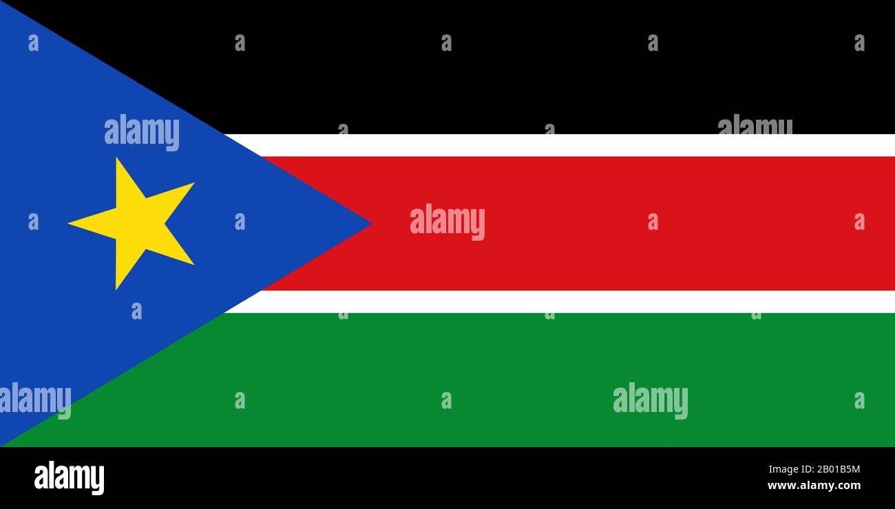 Südsudan: Flagge des Südsudan. Die Flagge des Südsudans wurde nach der Unterzeichnung des umfassenden Friedensabkommens, das den zweiten sudanesischen Bürgerkrieg beendete, angenommen. Die Flagge wurde zuvor als Flagge der sudanesischen Volksbefreiungsbewegung verwendet. Die Flagge ähnelt der Flagge Kenias mit einem blauen Dreieck und einem goldenen Stern am Hebezeug. Die Farben sollen das südsudanesische Volk (schwarz), den Frieden (weiß), das Blut, das für die Freiheit vergossen wurde (rot), das Land (grün) und das Wasser des Nils (blau) repräsentieren; der goldene Stern, der Stern von Bethlehem, steht für Einheit. Stockfoto