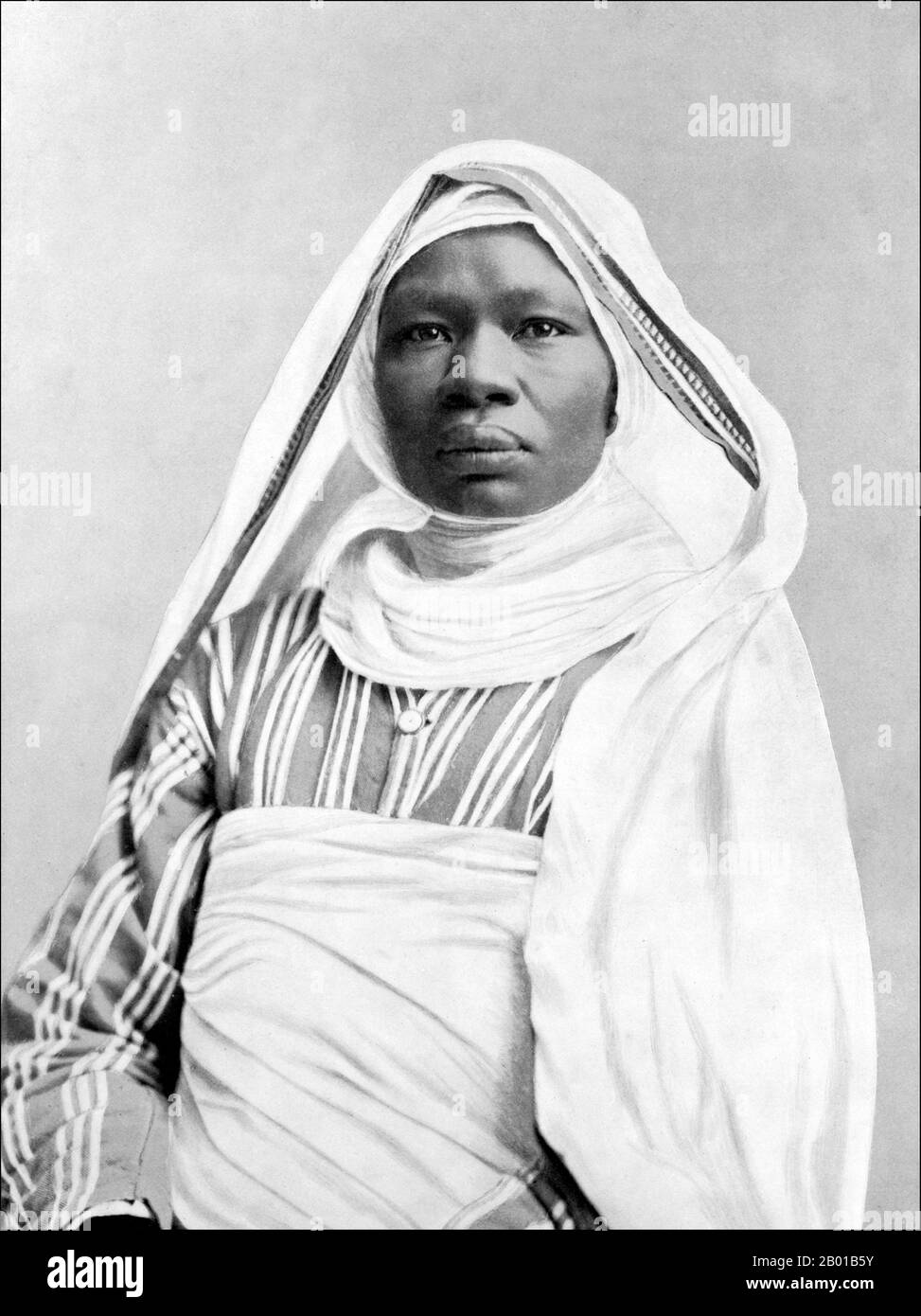 Sudan/USA: Mahbouba um Zanuba, eine 40-jährige Frau aus dem Sudan, auf der Chicago World's Fair 1893. Die Kolumbianische Weltausstellung fand von Mai bis Oktober 1893 in Chicago zu Ehren des 400.. Jahrestages der Entdeckung der neuen Welt durch Kolumbus statt. Die Ausstellung wurde auf 630 Hektar im und um Jackson Park gebaut. Es war eine spektakuläre Darstellung von Fortschritt und Wohlstand und zählte zu den vielen Wunderwerken elektrischer Ausstellungen, Ausstellungen aus anderen Ländern und einem beliebten Vergnügungsviertel auf der Midway Plaisance. Stockfoto