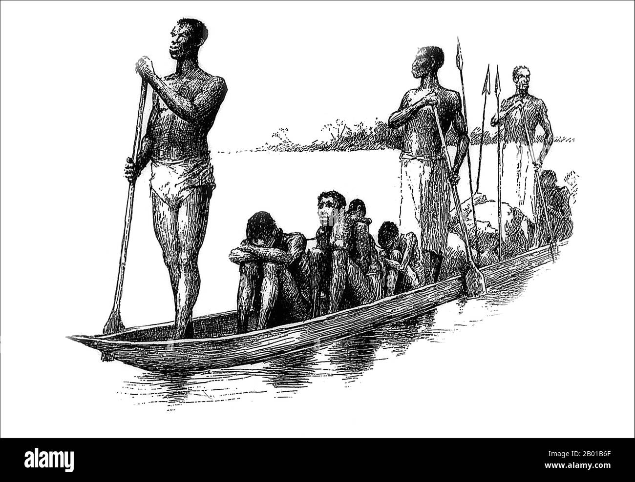 Zentralafrika: Gefangene Sklaven werden mit dem Kanu über einen Fluss transportiert. Illustration von Edward Winsor Kemble (18. Januar 1861 - 19. September 1933), 1880s. Schwarze Sklaven wurden von Afrika aus über eine Reihe von Routen nach Norden durch die Sahara-Wüste und auf dem Seeweg nach Arabien und den Persischen Golf in die muslimische Welt importiert. Die Schätzungen der Zahl der Beteiligten variieren stark, aber es scheint, dass es leicht 10 Millionen gegeben haben könnte, vielleicht sogar doppelt so viele. Zwei Drittel der afrikanischen Sklaven waren weiblich. Die Männchen galten als lästig. Stockfoto
