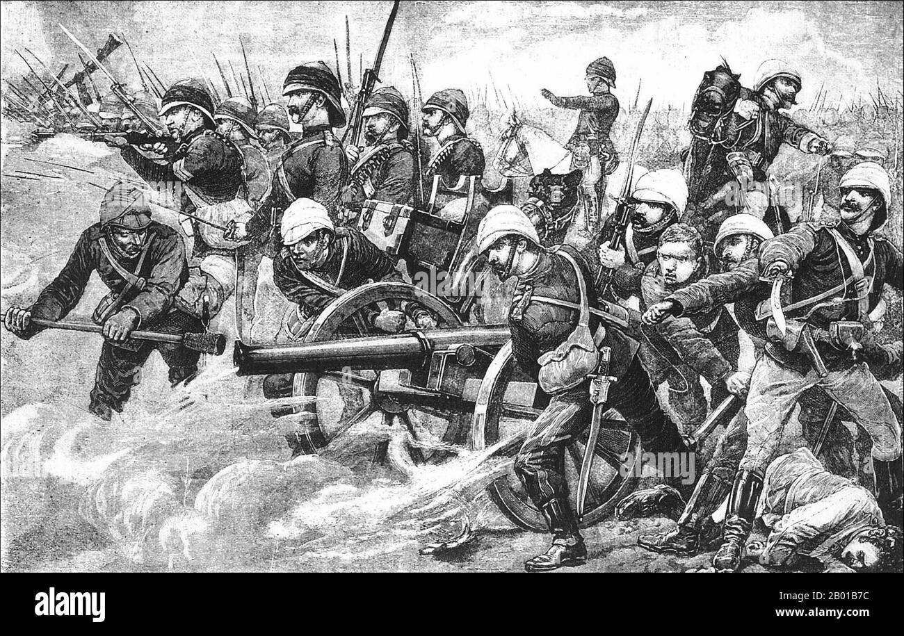 Sudan: Ecke des Platzes bei der Schlacht von Tamai am 13.. März 1884, Mahdistenkrieg. Abbildung, c. 1890. Als Teil des Mahdistenkrieges (1881-1899) ereignete sich am 13.. März 1884 die Schlacht von Tamai/Tamanieh zwischen einer britischen Streitmacht unter Generalleutnant Sir Gerald Graham und einer Mahdistenarmee unter dem Kommando von Osman Digna, dem bekanntesten Befehlshaber der Mahdi. Trotz des Sieges der Schlacht erlitten die Briten hier mehr Verluste als in jeder anderen Schlacht, mit etwa 214 verwundeten oder getöteten Soldaten, obwohl sie den Mahdisten über 4.000 Menschen zum Opfer fielen. Stockfoto