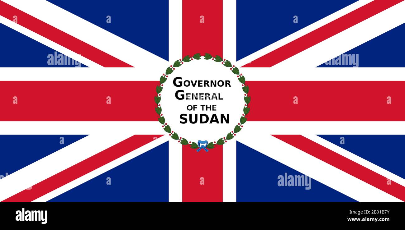 Sudan: Flagge des Generalgouverneurs des anglo-ägyptischen Sudan. Der Begriff Anglo-ägyptischer Sudan bezieht sich auf den Zeitraum zwischen 1891 und 1956, als der Sudan als Kondominium von Ägypten und dem Vereinigten Königreich verwaltet wurde. Der Sudan (bestehend aus dem heutigen Sudan und dem Südsudan) wurde de jure legal zwischen Ägypten und dem britischen Imperium geteilt, wurde aber de facto von letzterem kontrolliert, wobei Ägypten in Wirklichkeit nur begrenzte lokale Macht genießt, da Ägypten selbst unter zunehmenden britischen Einfluss fiel. Während der ägyptischen Revolution von 1952 forderte Ägypten das Ende der Eigentumswohnung und führte zur Unabhängigkeit des Sudan. Stockfoto