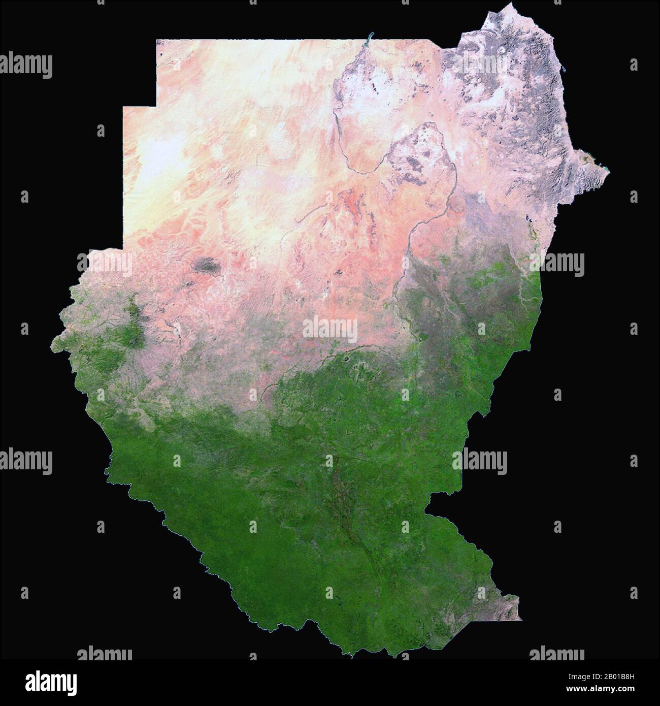 Sudan/Südsudan: Ein NASA-Satellitenbild von Sudan und Südsudan, 2006. Die Republik Sudan (arabisch: Jumhūrīyat al Sūdān) ist ein Land in Nordafrika. Es grenzt im Norden an Ägypten, im Nordosten an das Rote Meer, im Osten an Eritrea und Äthiopien, im Süden an den Südsudan, im Südwesten an die Zentralafrikanische Republik, im Westen an den Tschad und im Nordwesten an Libyen. Der längste Fluss der Welt, der Nil, teilt das Land zwischen Ost- und Westseite. Der Südsudan (arabisch:Janūb as-Sūdān) ist ein Binnenland mit Juba als Hauptstadt. Stockfoto