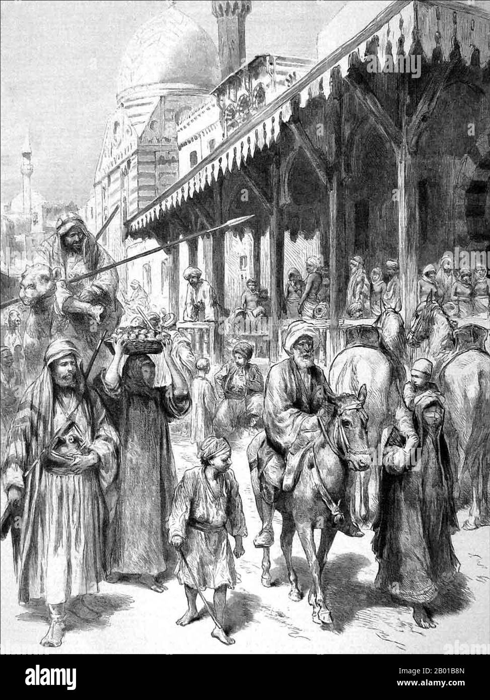 Sudan: 'Der Sklavenmarkt in Khartum'. Zeichnung von Godefroy Durand (1832. - 27. September 1896), 16. Januar 1892. Eine Zeichnung aus 'The Graphic', London. Im Begleittext heißt es: "Der HauptSklavenmarkt besteht aus einem großen Steingebäude mit einer Veranda. Die Sklaven werden in der Regel auf die Veranda gebracht, wo eine Gruppe von Stammgästen sitzt, raucht ihre Nargilehs und trinkt Kaffee. Die Sklaven sind meist Mädchen im Alter von zehn bis sechzehn Jahren.“ Gezeichnet von Durand aus einer Skizze von P. Oberwalder, der mit zwei Nonnen vor kurzem den Mahdisten entkam. Stockfoto