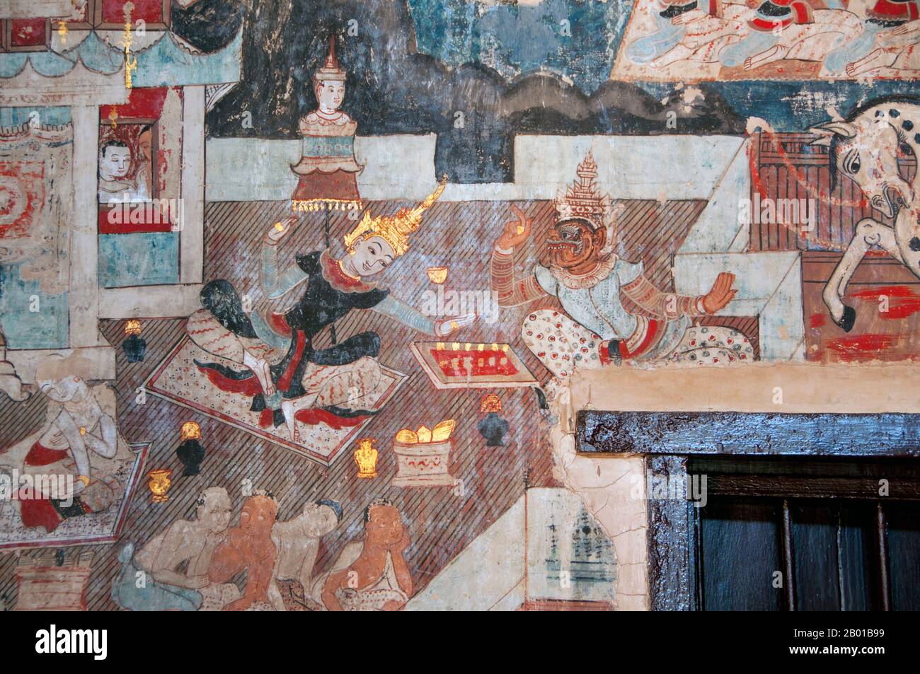 Thailand: Prinz Siddhartha und ein Dämon spielen Schach in einem Wandbild im Wat Buak Khrok Luang, Chiang Mai. Siddhartha Gautama war eine spirituelle Lehrerin aus dem alten Indien, die den Buddhismus gründete. Der Zeitpunkt seiner Geburt und Tod sind ungewiss: Die meisten frühen 20.-Jahrhundert-Historiker datierten sein Leben als c. 563 BCE bis 483 BCE, aber neuere Meinung datiert seinen Tod auf zwischen 486 und 483 BCE oder, nach einigen, zwischen 411 und 400 BCE. Wat Buak Khrok Luang, befindet sich in Ban Buak Khrok Luang Moo 1, Chiang Mai – Sankamphaeng Road, Chiang Mai, ist ein kleiner und typisch nordthailändischer buddhistischer Tempel. Stockfoto