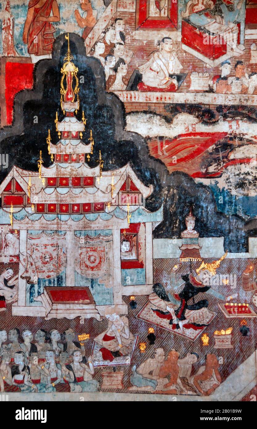 Thailand: Prinz Siddhartha spielt Schach neben einem Pavillon, südliches Wandgemälde, Wat Buak Khrok Luang, Chiang Mai. Siddhartha Gautama war eine spirituelle Lehrerin aus dem alten Indien, die den Buddhismus gründete. Der Zeitpunkt seiner Geburt und seines Todes ist ungewiss: Die meisten Historiker des frühen 20.. Jahrhunderts datierten sein Leben als 563 v. Chr. auf 483 v. Chr., aber neuere Meinungen datierten seinen Tod auf zwischen 486 und 483 v. Chr. oder, nach einigen, zwischen 411 und 400 v. Chr. Wat Buak Khrok Luang, in Ban Buak Khrok Luang Moo 1, Chiang Mai – Sankamphaeng Road, ist ein kleiner und typischer buddhistischer Tempel im Norden Thailands. Stockfoto