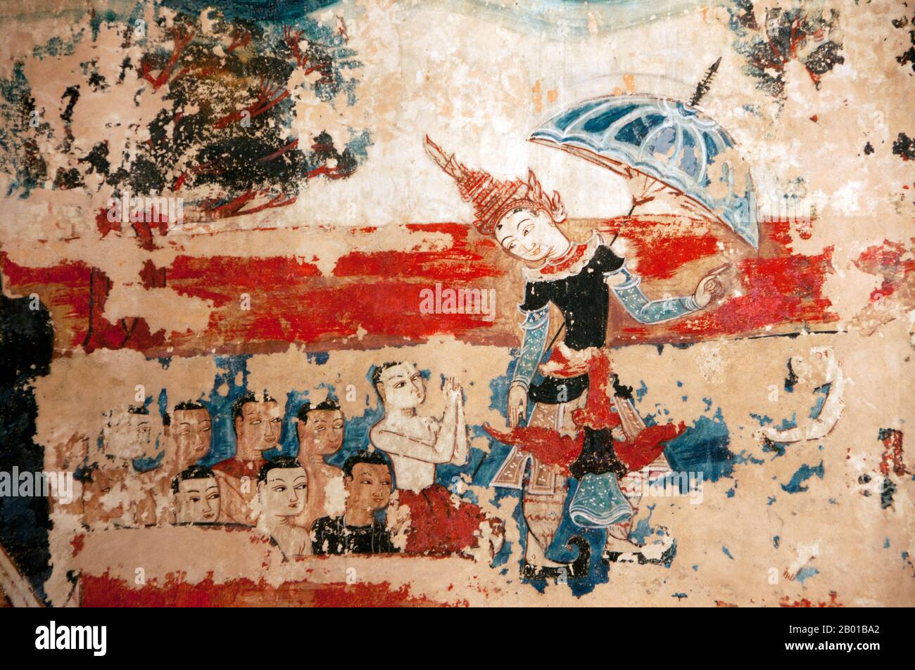 Thailand: Prinz Siddhartha in burmesischer Kleidung, nördliches Wandgemälde, Wat Buak Khrok Luang, Chiang Mai. Siddhartha Gautama war eine spirituelle Lehrerin aus dem alten Indien, die den Buddhismus gründete. Der Zeitpunkt seiner Geburt und Tod sind ungewiss: Die meisten frühen 20.-Jahrhundert-Historiker datierten sein Leben als c. 563 BCE bis 483 BCE, aber neuere Meinung datiert seinen Tod auf zwischen 486 und 483 BCE oder, nach einigen, zwischen 411 und 400 BCE. Wat Buak Khrok Luang, in Ban Buak Khrok Luang Moo 1, Chiang Mai – Sankamphaeng Road, ist ein kleiner und typischer buddhistischer Tempel im Norden Thailands. Stockfoto