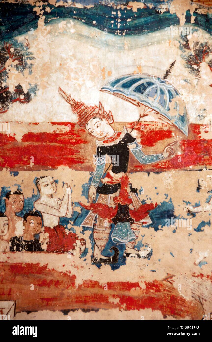 Thailand: Prinz Siddhartha in burmesischer Kleidung, nördliches Wandgemälde, Wat Buak Khrok Luang, Chiang Mai. Siddhartha Gautama war eine spirituelle Lehrerin aus dem alten Indien, die den Buddhismus gründete. Der Zeitpunkt seiner Geburt und Tod sind ungewiss: Die meisten frühen 20.-Jahrhundert-Historiker datierten sein Leben als c. 563 BCE bis 483 BCE, aber neuere Meinung datiert seinen Tod auf zwischen 486 und 483 BCE oder, nach einigen, zwischen 411 und 400 BCE. Wat Buak Khrok Luang, in Ban Buak Khrok Luang Moo 1, Chiang Mai – Sankamphaeng Road, ist ein kleiner und typischer buddhistischer Tempel im Norden Thailands. Stockfoto