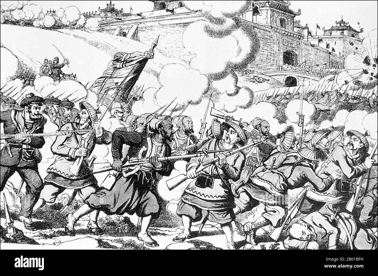 Vietnam/Frankreich: Tonkin-Kampagne - Invasion französischer Turcos und Fusiliers-marins bei der Schlacht um Bac Ninh, 12. März 1884. Epinaldruck, 1885. Die Tonkin-Kampagne (französisch: Campagne du Tonkin) war ein bewaffneter Konflikt, der zwischen Juni 1883 und April 1886 von den Franzosen gegen die Vietnamesen, Liu Yongfus Armee mit schwarzer Flagge und die chinesischen Armeen Guangxi und Yunnan geführt wurde, um Tonkin (Nordvietnam) zu besetzen und dort ein französisches Protektorat zu verankern. Stockfoto