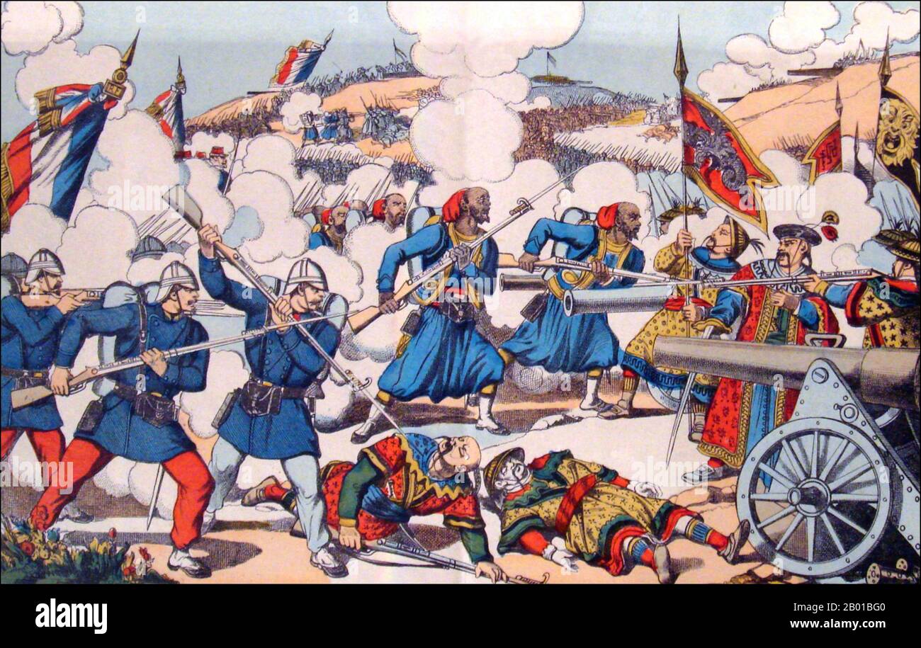 Vietnam/Frankreich: Tonkin-Kampagne - die französische Gefangennahme von lang Son, 13. Februar 1885. Abbildung, 1885. Die Tonkin-Kampagne (französisch: Campagne du Tonkin) war ein bewaffneter Konflikt, der zwischen Juni 1883 und April 1886 von den Franzosen gegen die Vietnamesen, Liu Yongfus Armee mit schwarzer Flagge und die chinesischen Armeen Guangxi und Yunnan geführt wurde, um Tonkin (Nordvietnam) zu besetzen und dort ein französisches Protektorat zu verankern. Stockfoto