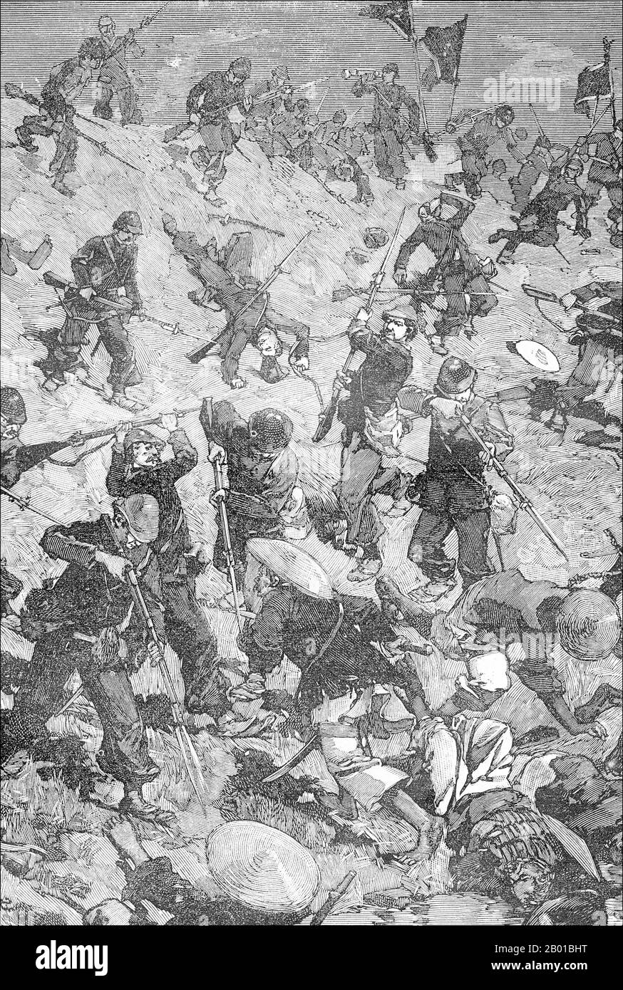 Vietnam/Frankreich: Französische Marineinfanteristen kämpfen bei der Schlacht von Palan gegen Schwarze Flaggen, 1. September 1883. Stich von Charles-Lucien Huard (12. Februar 1837 - 22. Januar 1899), 1887. Die Tonkin-Kampagne (französisch: Campagne du Tonkin) war ein bewaffneter Konflikt, der zwischen Juni 1883 und April 1886 von den Franzosen gegen die Vietnamesen, Liu Yongfus Armee mit schwarzer Flagge und die chinesischen Armeen Guangxi und Yunnan geführt wurde, um Tonkin (Nordvietnam) zu besetzen und dort ein französisches Protektorat zu verankern. Stockfoto