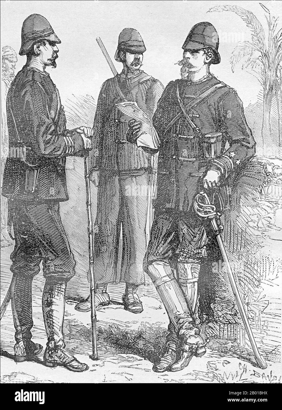 Vietnam/Frankreich: General Edouard Ferdinand Jamont (19. Juli 1831 - 17. Oktober 1918), erster Kommandeur der Tonkin-Besatzungsdivision, stellt zwei französische Offiziere zur Verfügung. Stich von Charles-Lucien Huard (12. Februar 1837 - 22. Januar 1899), 1887. Die Tonkin-Kampagne (französisch: Campagne du Tonkin) war ein bewaffneter Konflikt, der zwischen Juni 1883 und April 1886 von den Franzosen gegen die Vietnamesen, Liu Yongfus Armee mit schwarzer Flagge und die chinesischen Armeen Guangxi und Yunnan geführt wurde, um Tonkin (Nordvietnam) zu besetzen und dort ein französisches Protektorat zu verankern. Stockfoto