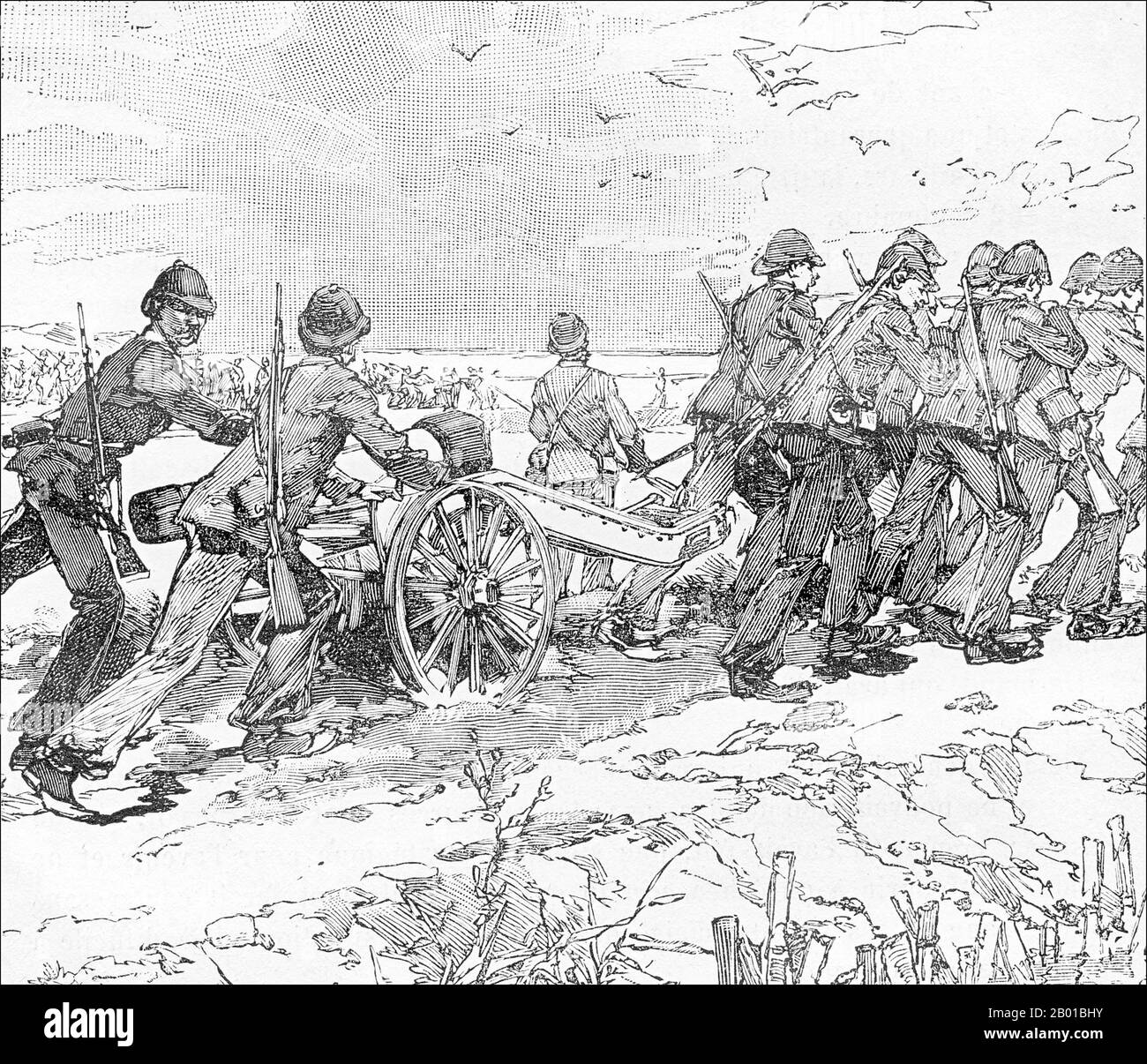 Vietnam/Frankreich: Französische Artilleriemänner in Palan bringen ihre Waffen gegen die Black Flags, 1. September 1883. Stich von Charles-Lucien Huard (12. Februar 1837 - 22. Januar 1899), 1887. Die Tonkin-Kampagne (französisch: Campagne du Tonkin) war ein bewaffneter Konflikt, der zwischen Juni 1883 und April 1886 von den Franzosen gegen die Vietnamesen, Liu Yongfus Armee mit schwarzer Flagge und die chinesischen Armeen Guangxi und Yunnan geführt wurde, um Tonkin (Nordvietnam) zu besetzen und dort ein französisches Protektorat zu verankern. Stockfoto