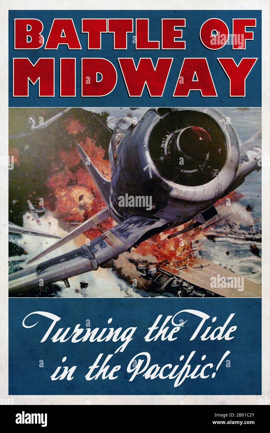 USA/Japan: Gedenkplakat zur Feier des US-Sieges über das imperiale Japan in Midway, 4-7. Juni 1942. Illustration von Larry Wolfe (gemeinfrei), 2011. Die Schlacht von Midway gilt weithin als die wichtigste Seeschlacht der Pazifikkampagne des Zweiten Weltkriegs Zwischen dem 4. Und 7. Juni 1942, etwa einen Monat nach der Schlacht am Korallenmeer und sechs Monate nach dem Angriff Japans auf Pearl Harbor, besiegte die US-Marine entschieden einen Angriff der Imperial Japanese Navy (IJN) auf das Midway-Atoll, der der japanischen Flotte irreparablen Schaden zufügte. Stockfoto