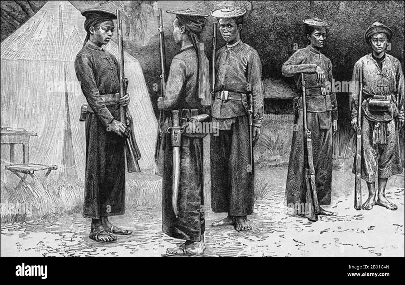 Vietnam: Tonkinese Tirailleurs oder Schützen im französischen Dienst. Abbildung, c. 1890. Die Tonkin-Kampagne (französisch: Campagne du Tonkin) war ein bewaffneter Konflikt, der zwischen Juni 1883 und April 1886 von den Franzosen gegen die Vietnamesen, Liu Yongfu's Black Flag Army und die chinesischen Guangxi- und Yunnan-Armeen geführt wurde, um Tonkin (Nordvietnam) zu besetzen und dort ein französisches Protektorat zu verankern. Stockfoto