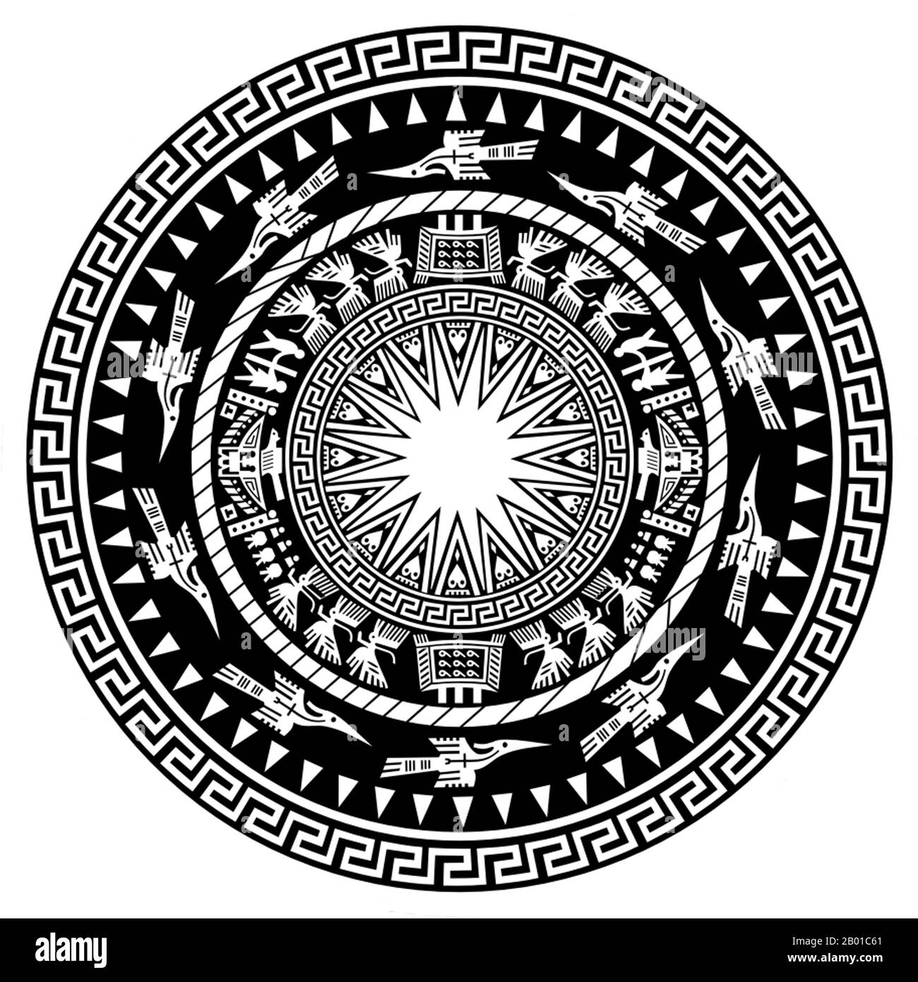 Vietnam: Tympanon-Design der Bronzetrommel Trong Dong, Dong Son Kultur, c. 400-100 BCE. Đông Sơn war eine prähistorische bronzezeitliche Kultur in Vietnam, die sich auf das Tal des Roten Flusses im Norden Vietnams konzentrierte. Zu dieser Zeit erschienen die ersten vietnamesischen Königreiche Văn lang und Âu Lạc. Sein Einfluss blühte in anderen benachbarten Teilen Südostasiens von etwa 500 v. Chr. bis 100 n. Chr. auf. Stockfoto