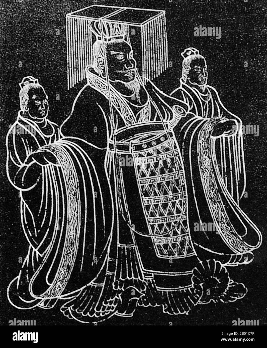 China: Kaiser Wu von Han (7. Juni 156 - 29. März 87 v. Chr.) mit Teilnehmern. Abbildung, c. 1. Jahrhundert v. Chr. Kaiser Wu von Han (Pinyin: Hànwǔdì; Wade–Giles: Wu Ti), persönlicher Name Liu Che und Höflichkeitsname Tong, war der siebte Kaiser der Han-Dynastie von China und regierte von 141 bis 87 v. Chr. Kaiser Wu wird am besten für die große territoriale Expansion in Erinnerung behalten, die unter seiner Herrschaft stattfand, sowie für den starken und zentralisierten konfuzianischen Staat, den er organisierte. Er wird in der chinesischen Geschichte als der größte Kaiser der Han-Dynastie und einer der größten Kaiser in der chinesischen Geschichte zitiert. Stockfoto