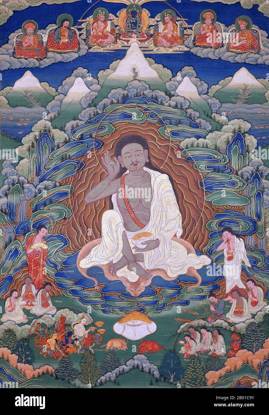 Bhutan: Ein Thangka von Milarepa (1052-1135), Dhodeydrag Gompa, Thimphu, 19.-20. Jahrhundert. Jetsun Milarepa war ein tibetischer Siddha, der in seiner Jugend als Mörder bekannt war, bevor er sich dem Buddhismus zuwandte, um Buße zu tun und ein höchst versierter Schüler zu sein. Als einer der berühmtesten Yogis und Dichter Tibets sind seine Lehren unter mehreren Schulen des tibetischen Buddhismus bekannt. Es wird geschätzt, dass zwischen zwei Drittel und drei Viertel der bhutanischen Bevölkerung dem Vajrayana-Buddhismus folgen, der auch die Staatsreligion ist. Etwa ein Viertel bis ein Drittel sind Anhänger des Hinduismus. Stockfoto