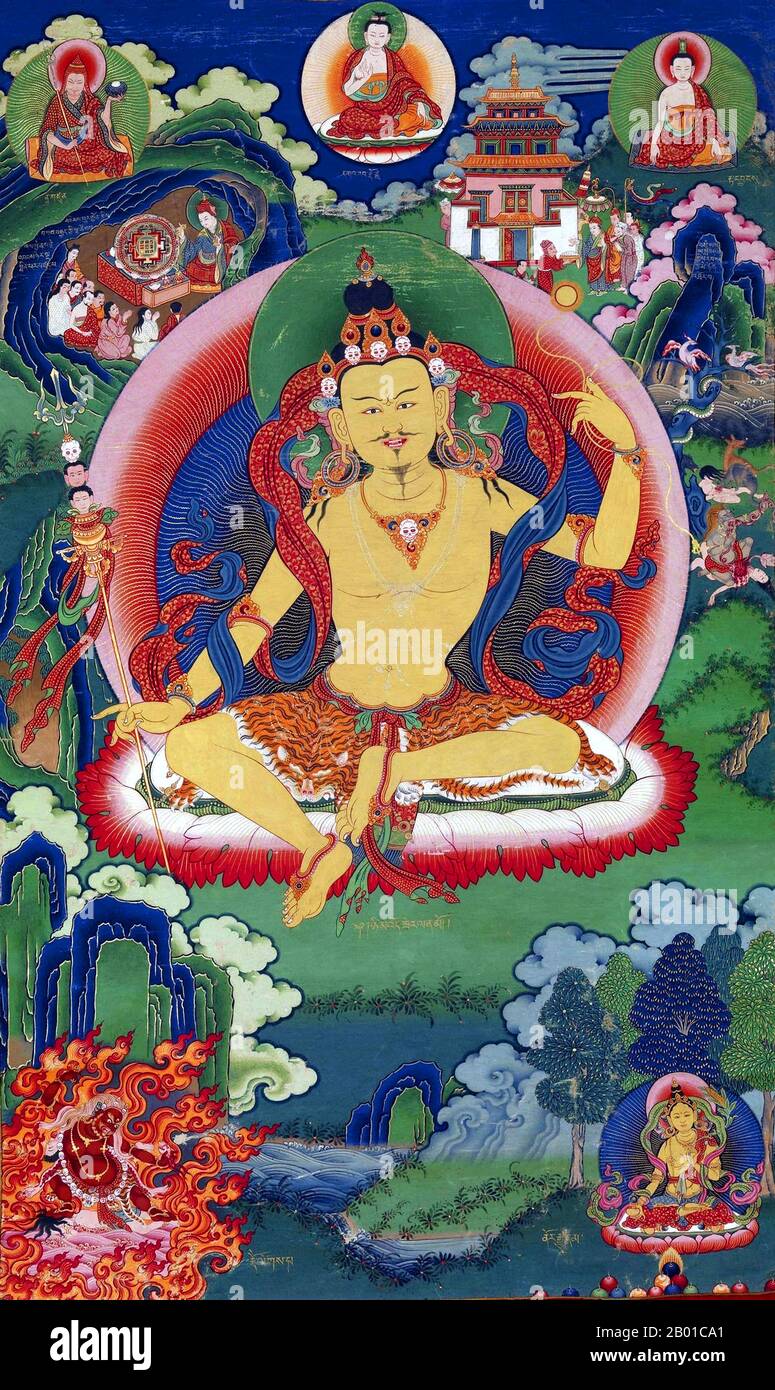 Bhutan: Ein Thangka von Guru Nyima Ozer (1124-1192), Do Khachu Gompa, Chukka, Ende des 19.. Jahrhunderts. Nyangrel Nyima Ozer war ein wichtiger Nyingma terton (ein Offenbarer von Terma-Schatztexten) und galt als die Reinkarnation von König Trisong Detsen. Als Laienyogi mit zwei Söhnen hatte er schon seit jungen Jahren Visionen von verschiedenen Buddhas und Bodhisattvas erhalten, insbesondere von Padmasambhava. Er war einflussreich bei der Verbreitung des Kults von Padmasambhava, beim Schreiben einer Geschichte von ihm und bei der Verbreitung seiner Lehren in ganz Tibet. Stockfoto