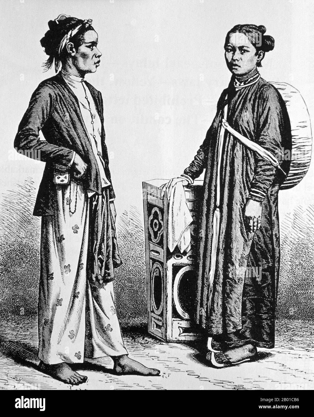 Vietnam: Ehemann und Ehefrau von Annamese (Zentralvietnam), Hue. Lithographiedruck von Charles-Paul Brossard de Corbigny (26. März 1822 - 5. August 1900), 1878. Huế avancierte ursprünglich zur Hauptstadt der Nguyễn Lords, einer feudalen Dynastie, die einen Großteil des südlichen Vietnams vom 17.. Bis zum 19.. Jahrhundert dominierte. 1775, als Trịnh Sâm sie eroberte, wurde sie als Phú Xuân bekannt. 1802 gelang es Nguyễn Phúc Ánh (später Kaiser Gia Long), seine Kontrolle über ganz Vietnam zu etablieren und Huế zur nationalen Hauptstadt zu machen. Huế war bis 1945 die Landeshauptstadt. Stockfoto