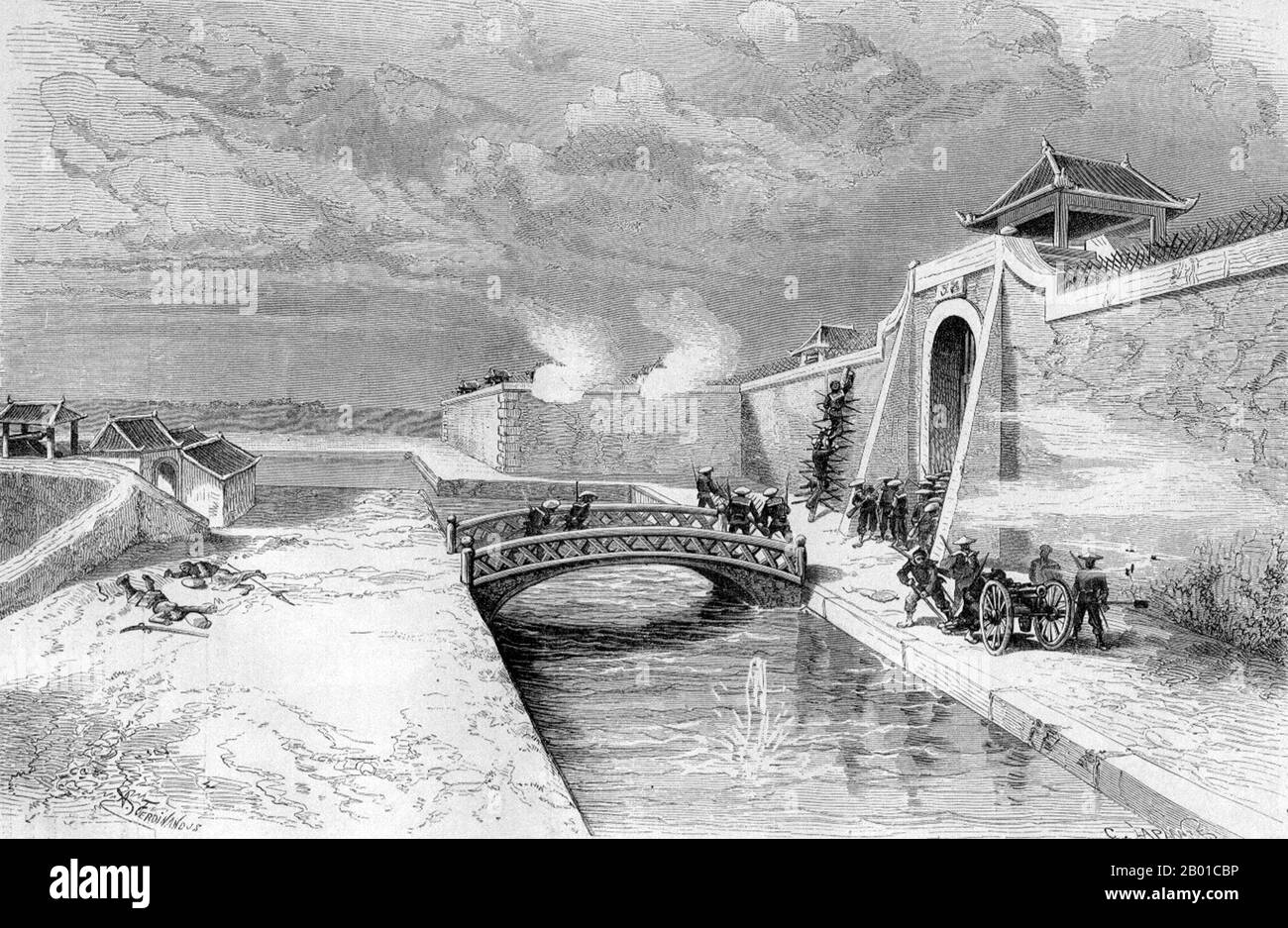 Vietnam: Der französische Angriff auf Nam Dinh, 11. Dezember 1873. Stich von Alexandre Ferdinandus (2. März 1850 - 8. November 1888), 1880s. Die Garnier-Expedition war eine französische Expedition zwischen November 1873 und Januar 1874 von Leutnant Francis Garnier, der von den französischen Behörden entsandt worden war, um den widerspenstigen französischen Händler Jean Dupuis zurückzubringen. Als Garnier jedoch in Hanoi ankam, stellte er sich auf die Seite von Dupuis und eroberte Hanoi, die Hauptstadt von Tonkin, bevor er innerhalb von drei Wochen eine Blitzkampagne zur Eroberung des größten Bereichs der Region ausführte. Er wurde schließlich getötet, als er Hanoi verteidigte. Stockfoto