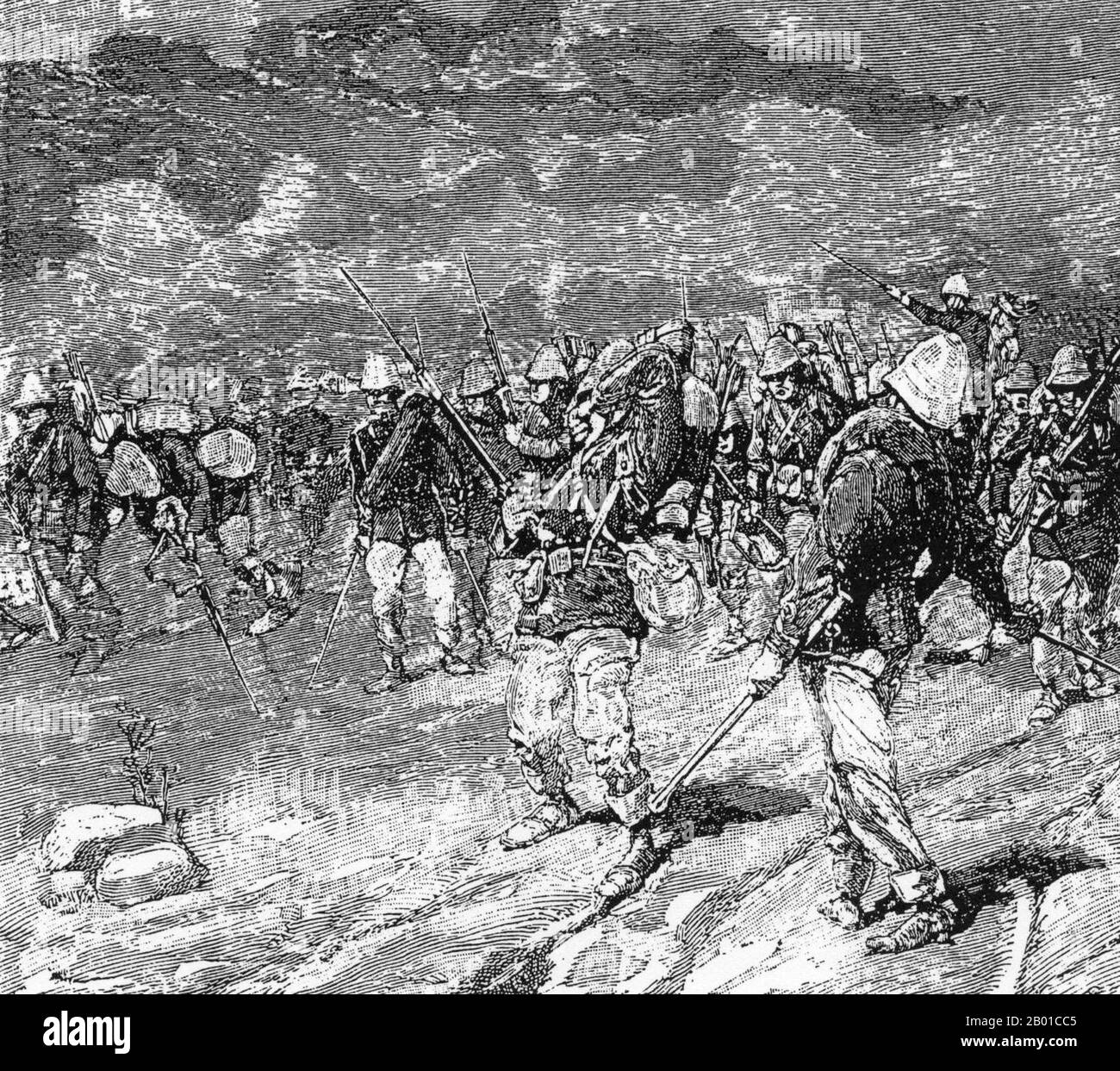 Vietnam: Angriffszug des Marineinfanteriebataillons von Mahias bei der Schlacht von Hoa MOC, 2. März 1885. Stich von Charles-Lucien Huard (12. Februar 1837 - 22. Januar 1899), 1887. Die Tonkin-Kampagne (französisch: Campagne du Tonkin) war ein bewaffneter Konflikt, der zwischen Juni 1883 und April 1886 von den Franzosen gegen die Vietnamesen, Liu Yongfus Armee mit schwarzer Flagge und die chinesischen Armeen Guangxi und Yunnan geführt wurde, um Tonkin (Nordvietnam) zu besetzen und dort ein französisches Protektorat zu verankern. Stockfoto