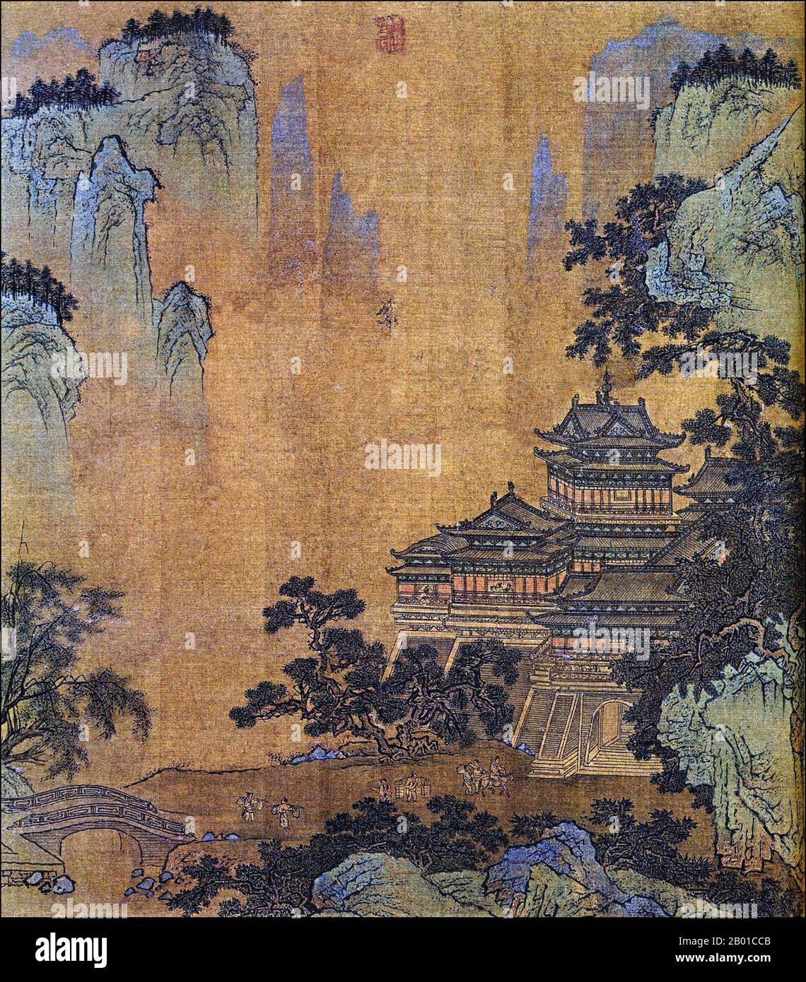 China: Huanghe Lou oder „Gelber Kranich-Turm“. Hängende Schriftrolle Seidenmalerei von an Zhengwen, Ming-Dynastie (1368-1644). An Zhengwen (Wade–Giles: An Cheng-wen, Geburtsdatum und Tod unbekannt) war ein kaiserlicher chinesischer Maler während der Ming-Dynastie. An wurde in Wuxi geboren und war bekannt für die Malerei von Menschen, Landschaften und Gebäuden. Der Gelbe Kranich-Turm (Huáng hè Lóu) ist ein berühmter und historischer Turm, der erstmals im Jahr 223 n. Chr. erbaut wurde; die heutige Struktur wurde jedoch im Jahr 1981 wieder aufgebaut. Der Turm steht auf dem Sheshan (Schlangenhügel), am Ufer des Flusses Yangtze im Bezirk Wuchang in Wuhan, Provinz Hubei. Stockfoto