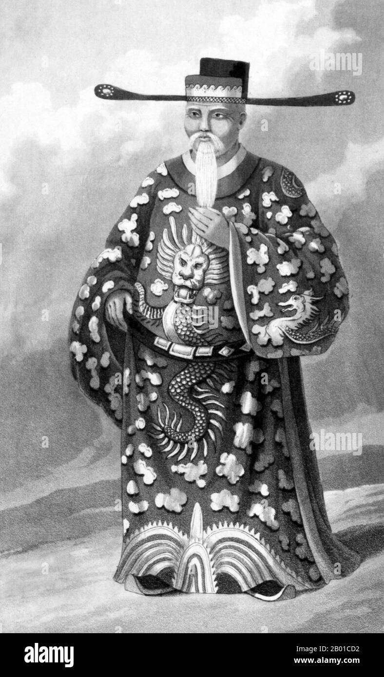 Vietnam/Kambodscha: Truong Tan Buu (1752-1827), Viet (Kinh) Stellvertretender Gouverneur von Kambodscha während der Regierungszeit des Nguyen-Dynastie-Imperators Minh Mang (r.1820-1841). Zeichnung von John Crawfurd (13. August 1783 - 11. Mai 1868), 1828. Trương Tấn Bửu, auch Trương Tấn Long genannt, war ein General und Beamter der Nguyễn-Dynastie von Vietnam. Nach seinem Eintritt in die Armee im Jahr 1797 stieg er nach der Vereinigung im Jahr 1802 zum Militärkommandeur der Nguyen-Armeen in Nordvietnam auf und wurde ebenfalls Vizekönig von Bac Thanh. Vor seinem Tod diente er auch eine Weile als stellvertretender Gouverneur von Kamjoba (Ostkambodschan). Stockfoto