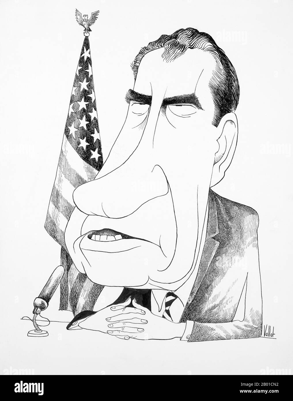 USA: Richard Nixon (9. Januar 1913 - 22. April 1994) mit gefalteten Händen, vor einem Mikrofon vor einer amerikanischen Flagge sitzend. Karikatur von Edmund Valtman (31. Mai 1914 - 12. Januar 2005, gemeinfrei), 1970. Richard Milhous Nixon war 37. Präsident der Vereinigten Staaten und diente von 1969 bis 1974. Nixon ist der einzige Präsident, der sein Amt niedergelegt hat. Nixon erbte den Vietnamkrieg von seinen Vorgängern Kennedy und Johnson. Das amerikanische Engagement in Vietnam war weit unpopulär; obwohl Nixon den Krieg dort zunächst eskalierte, setzte er sich anschließend dafür ein, die US-Beteiligung zu beenden. Stockfoto