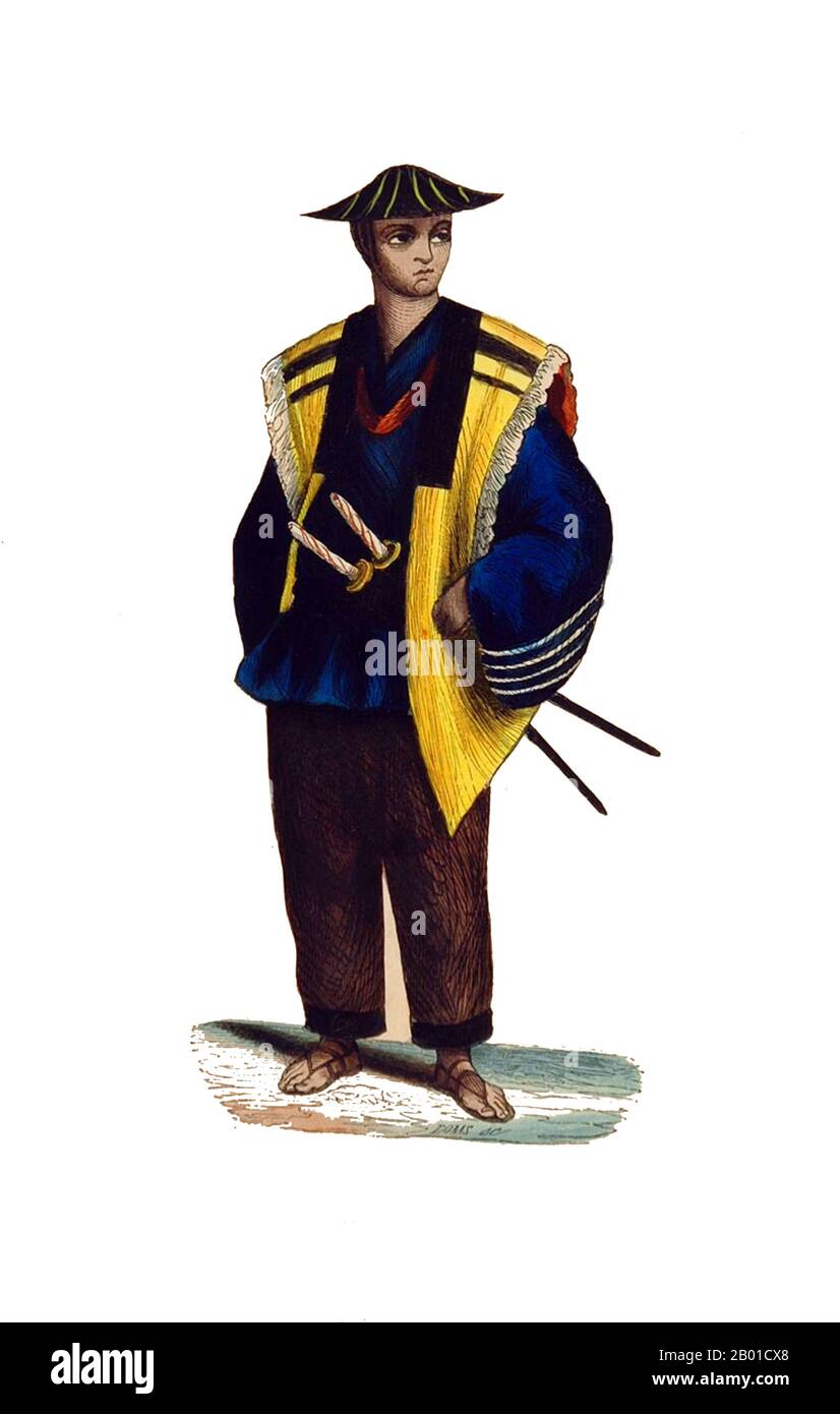 Japan: Japanischer Soldat. Handkolorierter Stich von Edouard Vermorcken (1. November 1820 - 23. November 1906), c. 1843-1844. Handkolorierter Stich aus 'Moeurs, Usages, et Costumes de tous les Peuples de Monde, d'apres des Documents Authentiques et les Voyages les plus Recents', von Auguste Wahlen (1785-1850). Stockfoto