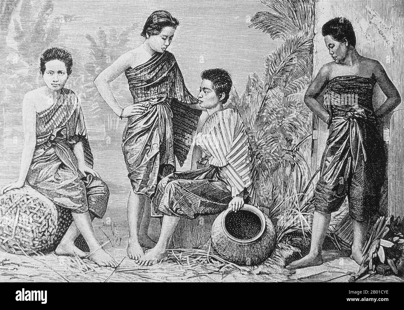 Thailand: Eine Studie mit vier siamesischen Frauen. Gravur, c. 1860. Vier Frauen von Zentral-Siam in der Mitte des 19.. Jahrhunderts, als es Brauch für Frauen war, ihre Haare kurz zu schneiden. Im damals halbautonomen Norden Thailands - dem ehemaligen Königreich Lan Na oder Lanna mit seiner Hauptstadt Chiang Mai - trugen Frauen lange Haare. Stockfoto